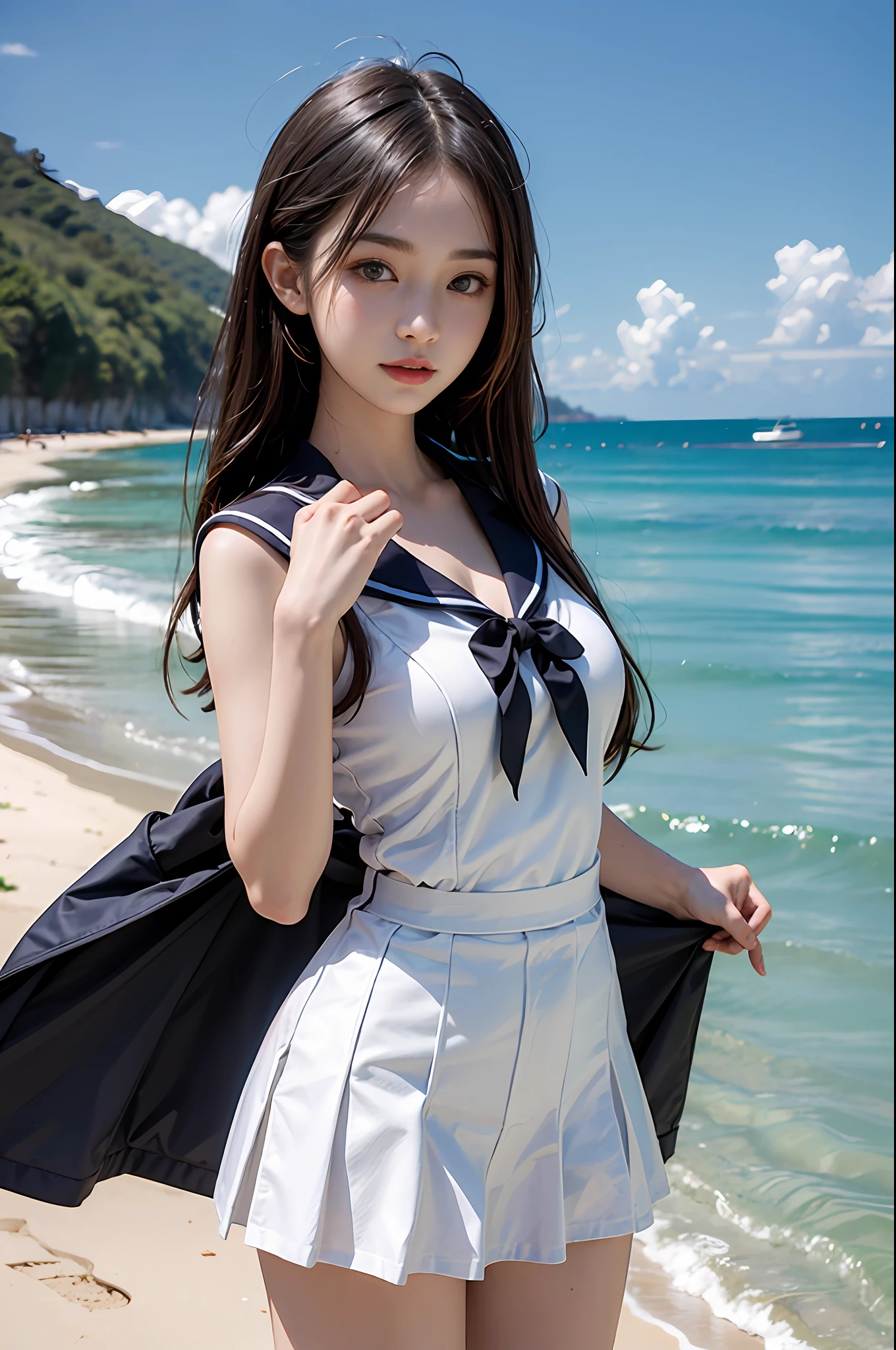 1girll,double tails,beach,White sailor suit and short skirt,16-year-old female model,