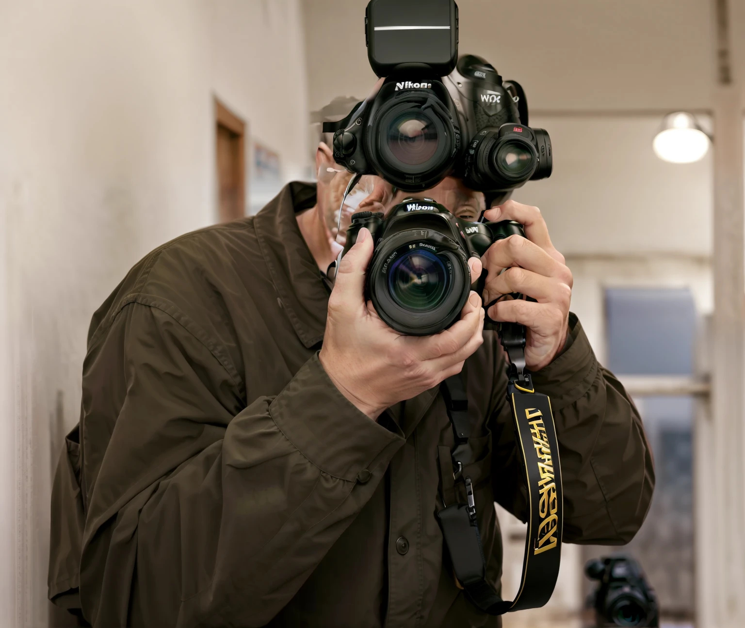 arafed man taking a picture of himself with a camera, Tiro na Nikon Z9, holding nikon camera, Foto tirada com Nikon D750, Foto tirada com Nikon D 7 5 0, tiro apertado do assunto, dslr 5 0 mm foto retrato, Holding a DSLR camera, photo taken with Sony a7R camera, looking-into-camera, Foto DSLR profissional