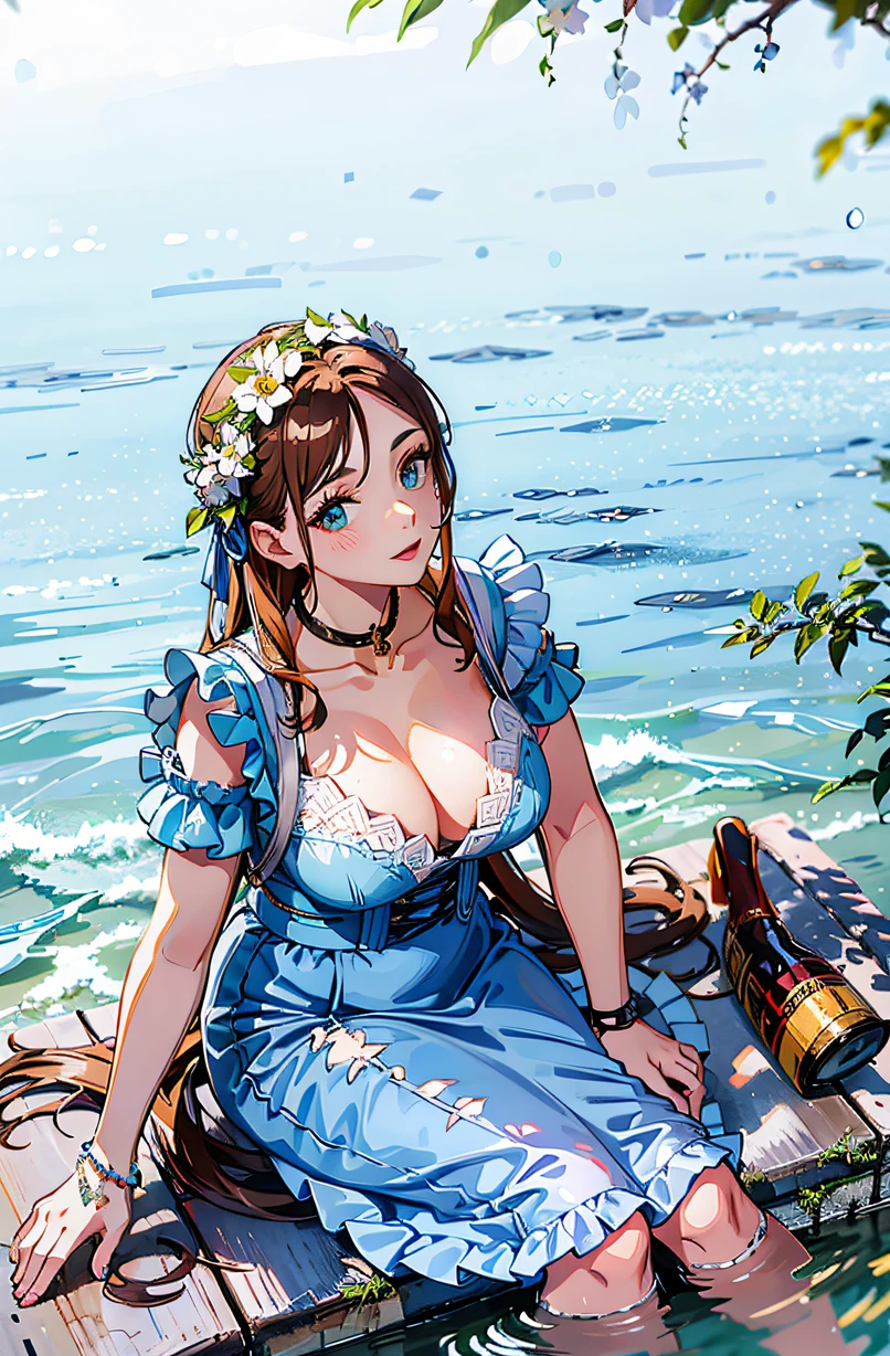 Smoky makeup，Flushed face，Detailed，looks into camera，blue skirts，Garland on the head，Sit by the water，Detailed face，Sexy，Plump posture，Sit by the water