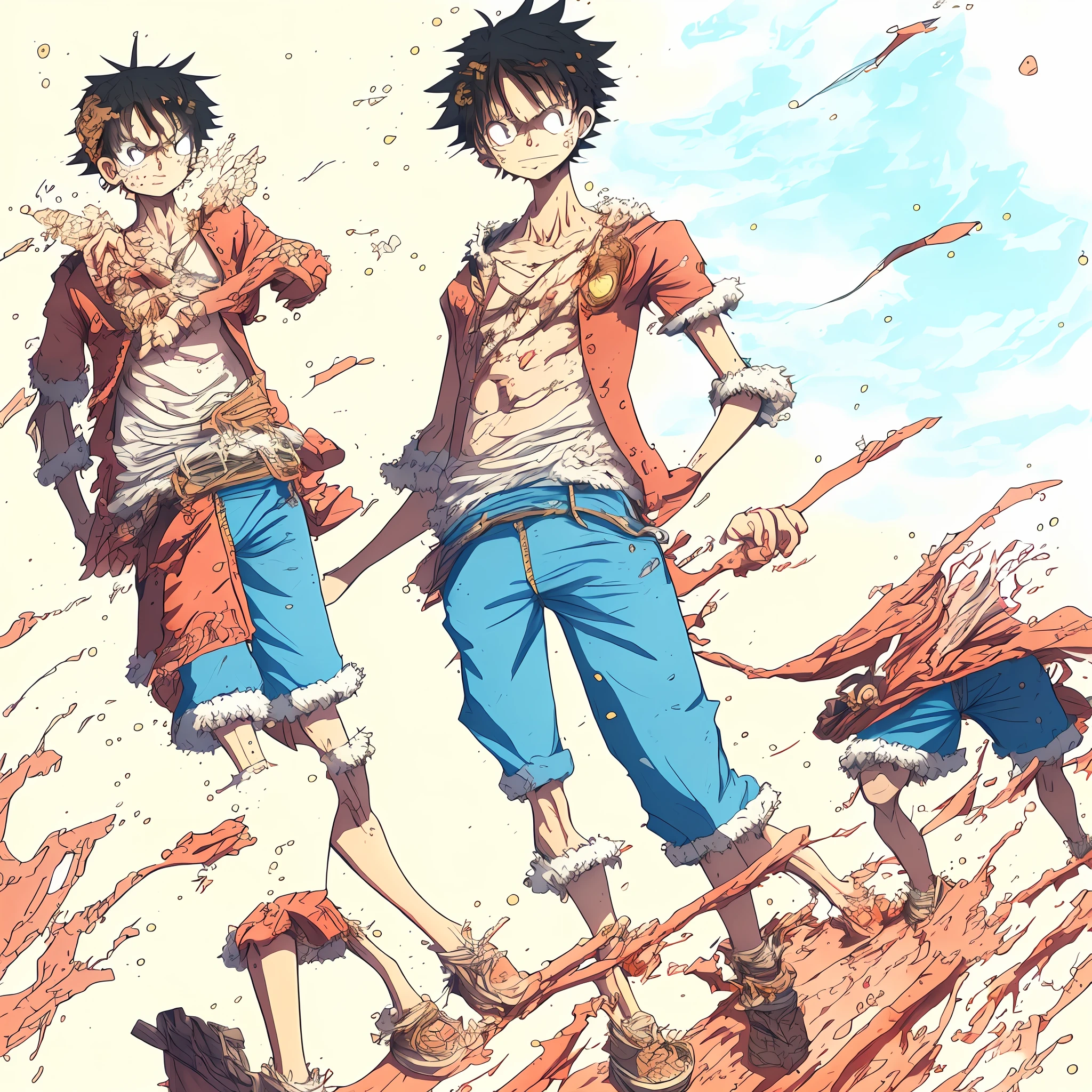 luffy, 1boy, solo, hat, male focus, straw hat, black hair, shorts, sandals, hands in pockets, scar, full body, standing, blue shorts, looking at viewer, shirt
