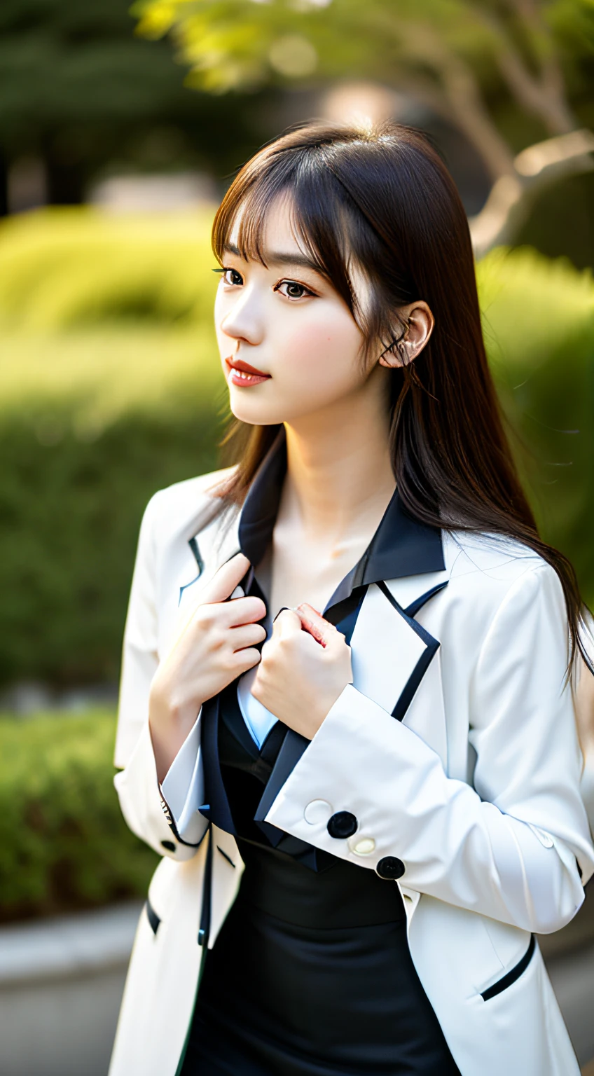 Best Quality, Masterpiece, 1 Girl, Beautiful Face, (Photorealistic Picture:1.3), Rim Lighting, (High Detail Skin:1.2), 8K UHD, DSLR, High Quality, High Resolution, 4K, 8K, Bokeh, Absurdity, Best ratio Four Fingers and One Thumb, (Real:1.3), Cute Japan 1 Girl, Wearing Black Formal Blazer, Middle Breasts, Short Skirt,Small Face, Delicate Body Type