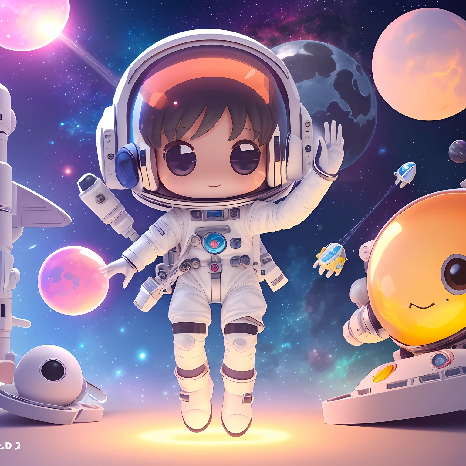Super cute girl full body 3D picture, 1pc, good looking eyes, big eyes, cute, happy, c4d, pop matt blind box, white long hair, glowing bubbles, toys, solid color background, chibi, fluorescent translucency, luminous body, kawaii, doll, (((astronaut, spacesuit))), reference table, pop mart blind box, Pixar, complex details, 3d rendering, blender, OC renderer, fol body reference sheet, Dribble, High Details, 8K, Studio Lighting, Loli, Petite, Child, Chibi, SD characters: 1.1, Magic Space Warehouse background --auto