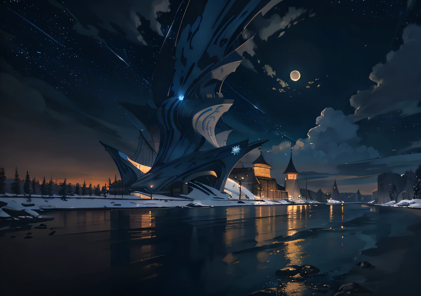 A painting of a river with stars and moon in the sky, concept art inspired by Tosa Mitsuoki, pixiv contest winner, best quality, fantasy art, beautiful anime scene, a bright moon, moonlit starry environment, dream painting, Anime Background Art, Fantasy Landscape Art, Fantasy Night, Anime Background, Background Artwork, Fantastic Art, Atmospheric Anime, Starry Sky, Detail Enhanced.