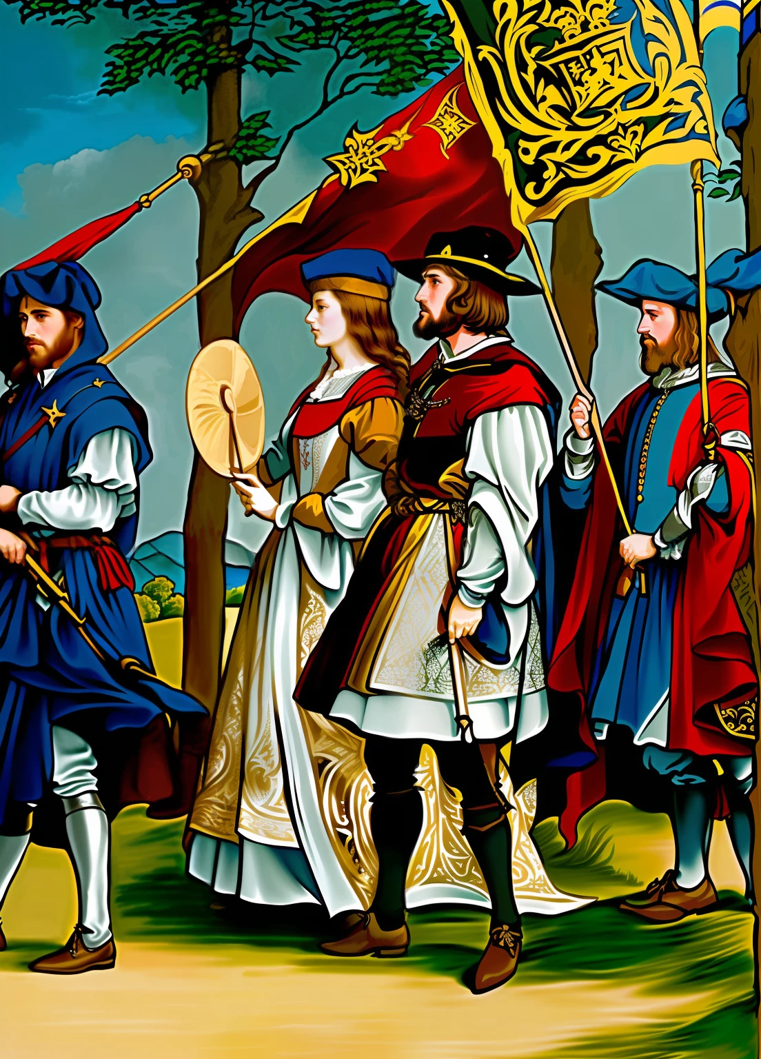 a drawing,A group of men dressed in medieval costumes hold flags, Inspired by Albrecht Altdorf, Medieval illustration, Inspired by Hans Holbein the Younger, very detailed medieval, The woman holds a fan, Renaissance painting, dressed in medieval clothes, Inspired by Ambrosius Holbein, Renaissance costumes, dressed in medieval clothes, medieval clothing, opulent, tmasterpiece, The background is blue sky and white clouds