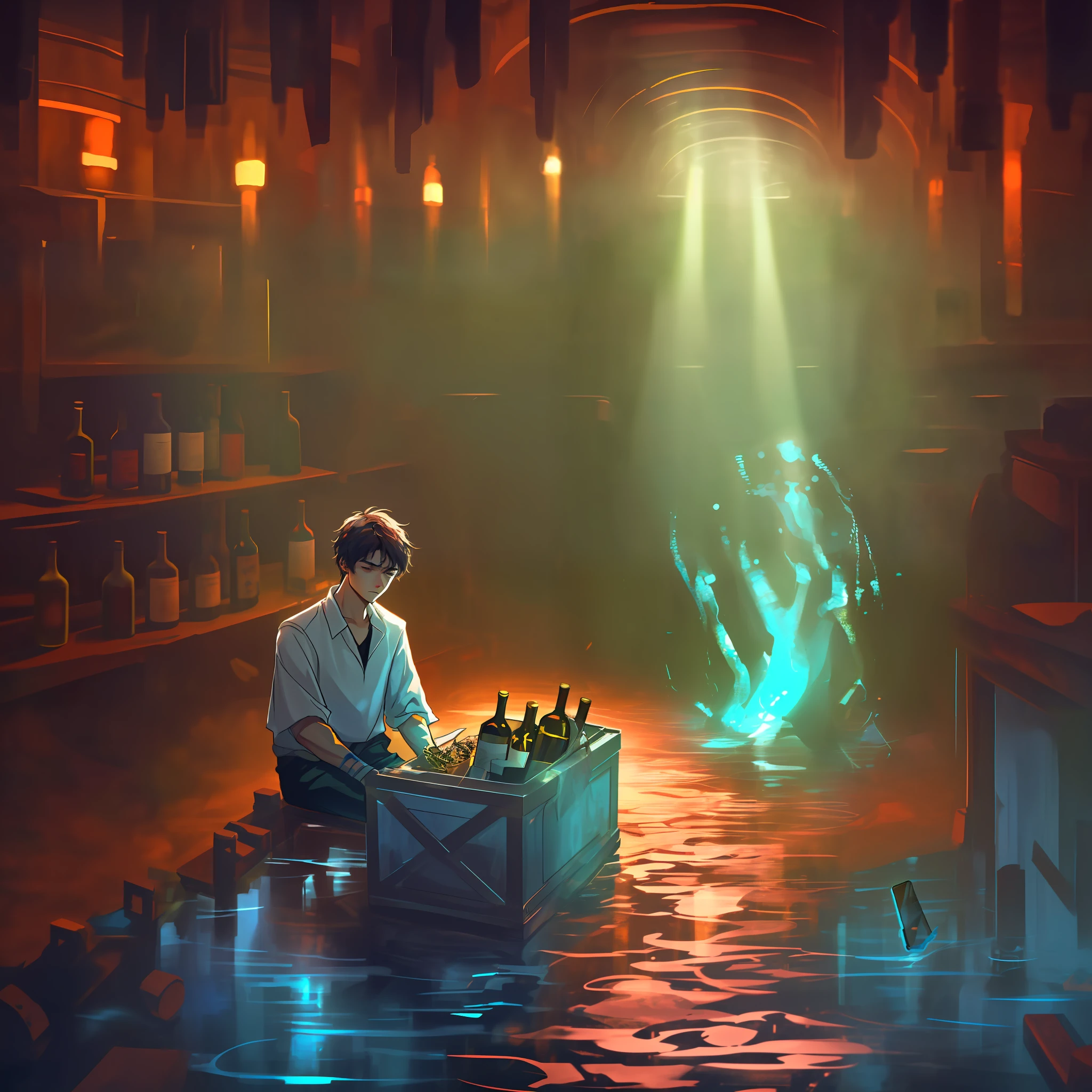 A teenager in a wine cellar, surrounded by overturned wine, deep water, teenager holding wine, depressed, mobile phone tossed aside