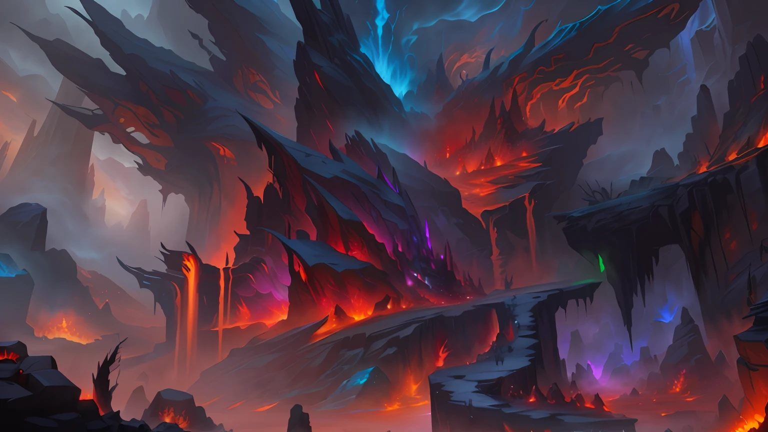 Glowing painting in a cave, wrath flame and ruin, detailed game art illustration, world of warcraft splash art, Volcanoes and magma as background, Hellfire background, Detailed game art, ultra detailed game art, hearthstone art, background artwork, Detailed digital 2D fantasy art, deathwing, world of warcraft art style