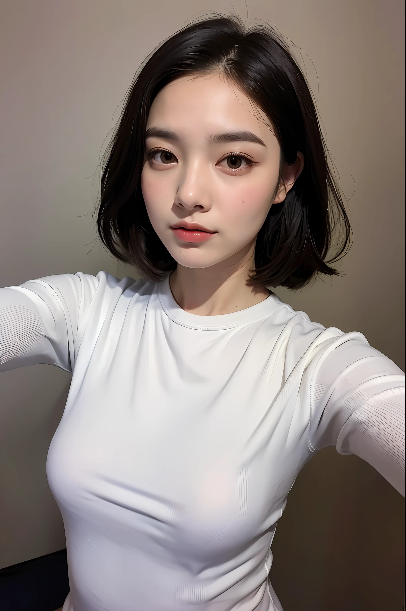 (corpo altamente detalhado, rosto altamente detalhado, melhor qualidade: 1.2), uma mulher, olhar para o espectador, (moletom, (Background Studio photo graphic: 1.4)Photo Studio, cabelo amarrado, selfie,colar, beijinho,