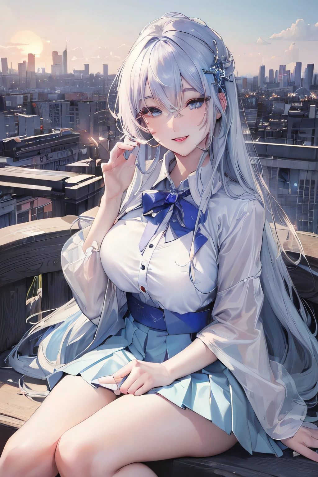 official art, masterpiece, sharp focus, (beautiful gorgeous cute Korean woman:1.3), (beautiful cute korean:1.3), korean beauty, Delicate and beautiful hair and eyes and face, realistic, ultra detailed, beautiful girl, blue sky, glow white particle, (sidelighting:1.2), sun light, white cloud, detailed clouds, slender, Lovely very large breasts and very large hips, smile with teeth, ((smile with eyes, open both eyes)), scenery, long straight hair, sexy facial expression, building, (cityscape:1.7), dynamic hair, long straight hair, detailed platinum pink hair, glow blue eyes, (blue pleated shirts + white skirt), white long socks, pale skin, hair ornament, epic scenery,