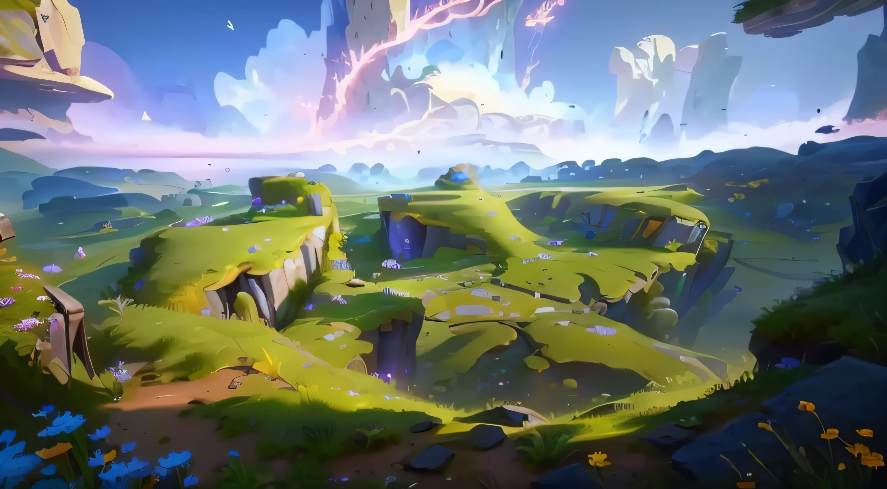 There is a picture of a beautiful landscape with flowers(Bright flowers,Fantastic vegetation),Ori's style,Bright colors,a sense of atmosphere,mistic, distant village background, background artwork, magical battlefield background, arte de fundo, game background, Epic background, magical battlefield backround, Mobile game background, light kingdom backdrop, Pixar animation style,Pixar cartoon art,best qualityer,Best results,Optimal material feel