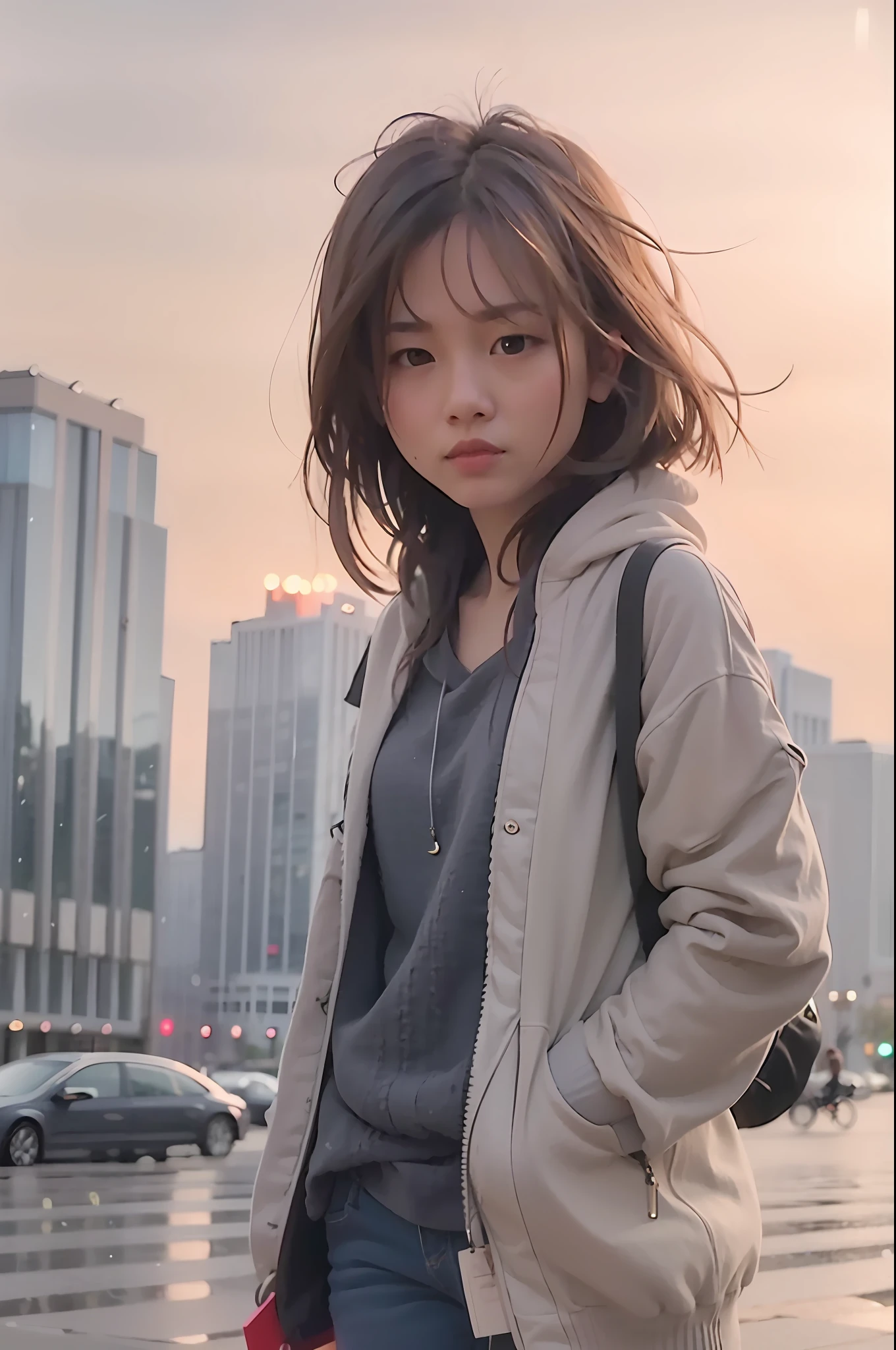 shoulder-length short hair,the night,modern urban,Student-like,Quiet,Kizi,Realistis,China-style,short- sleeved,long trousers