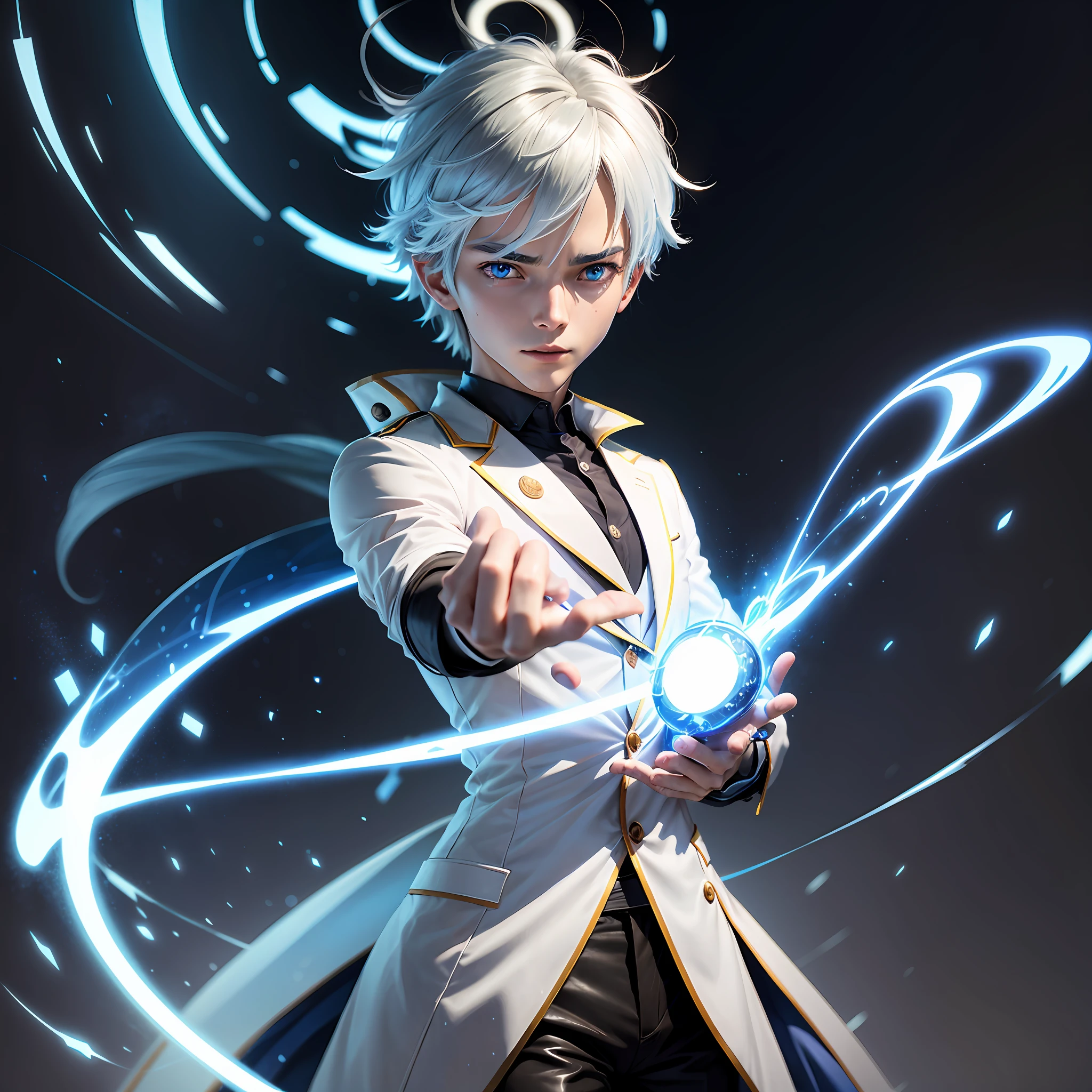 anime character with a blue light in hand, este personagem tem criocinese, com o dedo indicador, com poderes de gelo, Se ele tivesse poderes de gelo, Kaworu Nagisa, cara de anime alto com olhos azuis, an epic anime of a energy man, um louco de cabelos prateados, como um personagem de anime, he is casting a lighting spell, Hajime Yatatate --auto