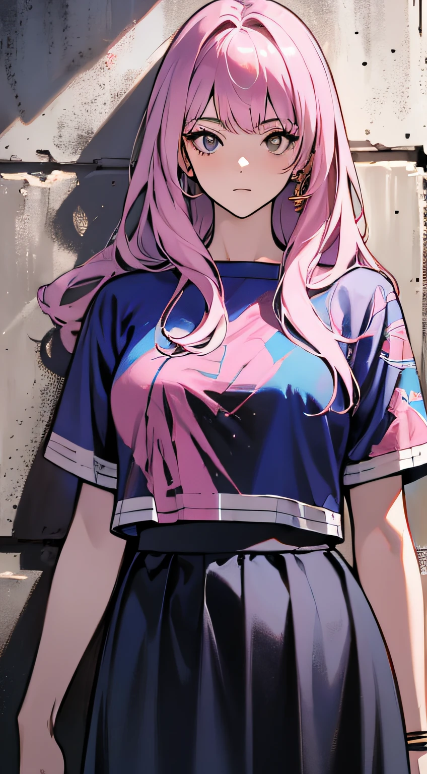 upperbody closeup,Cyberpunk-city,A girl stands in front of a wall,Newspapers were plastered on the walls,Pink hair,long whitr hair,sface focus,Black eyes,Witty and beautiful facial features,Green printed T-shirt,Apricot maxi skirt,Long split skirt,Embroidered pattern,dynamicposes,HDR,Detailed details,Fashionab,cinematric light,detailed clothes texture,GameCG,Bright painting style,True shadows