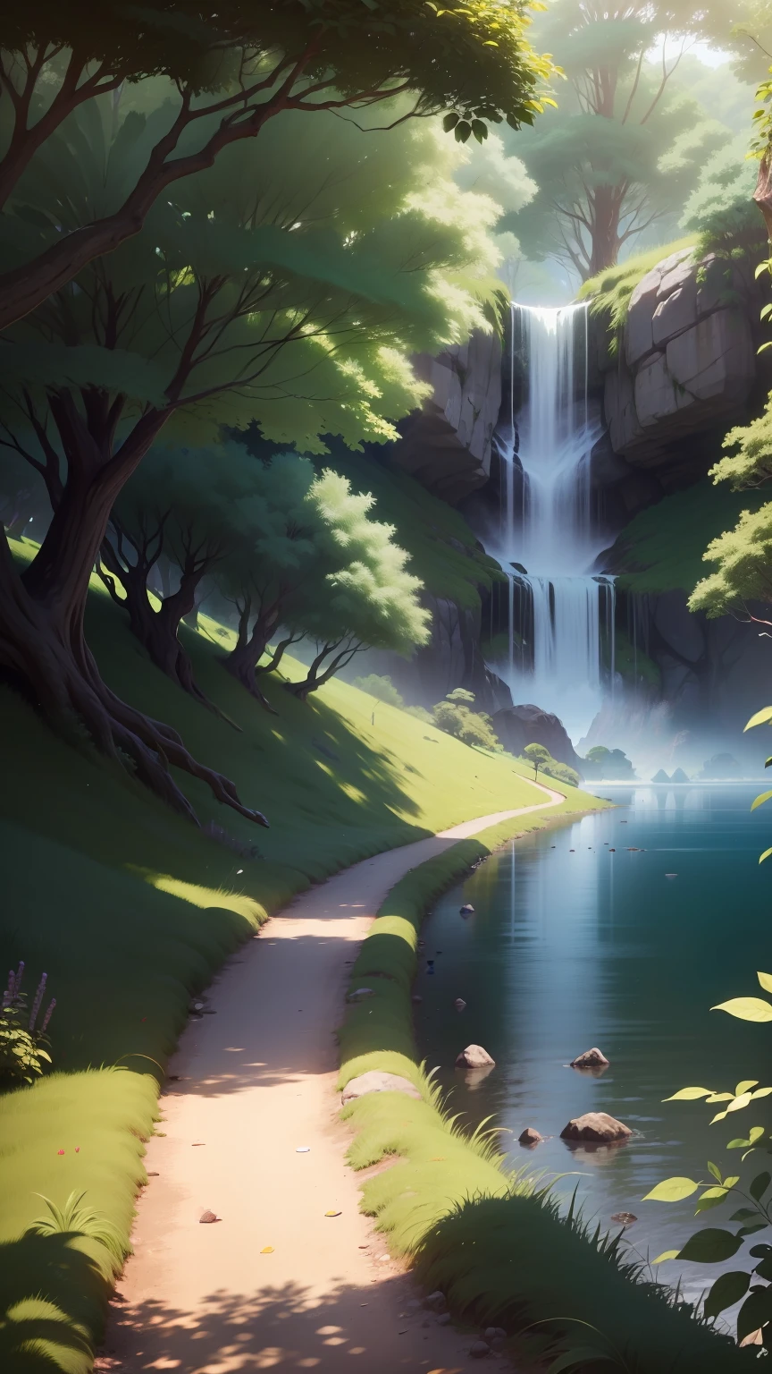 Imagem de uma menina de 10 anos, ao lado um sapinho verde. Ao fundo uma floresta calma com um lago. Estilo Disney. 4k, bem detalhado.