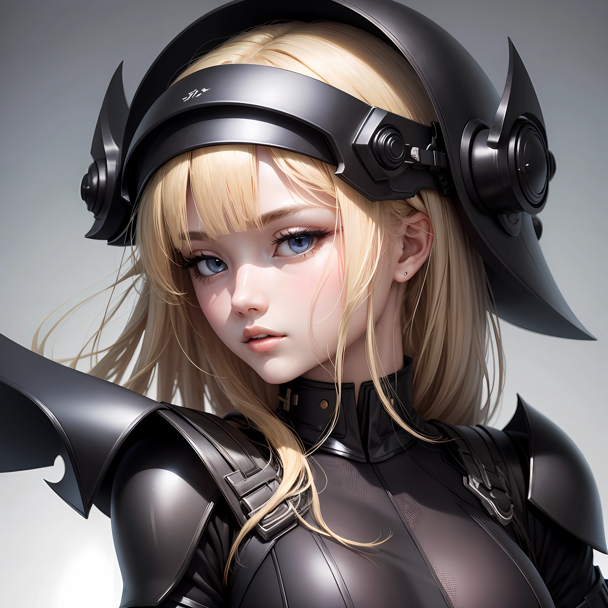Blonde Beauty、The face is calm、The eyes are gentle eyes、Colossal tits、Wearing jet black armor、Transparent background、high-level image quality、Wearing a white helmet、Jet black background --auto