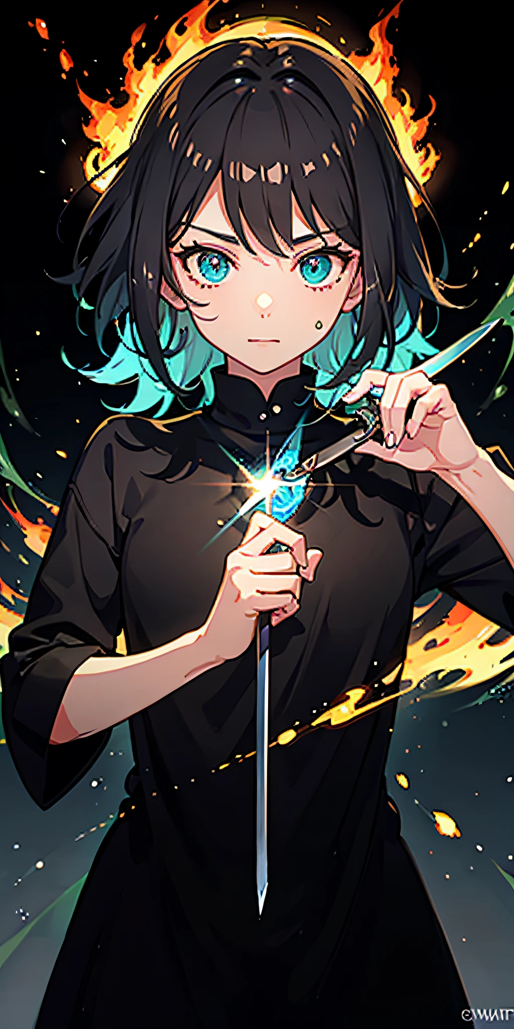 schoolboy,The upper part of the body,,brunette color hair,blackpupil,(ninjartist),short sword,围巾,head portrait,Magic array background,light particules,Green fire,