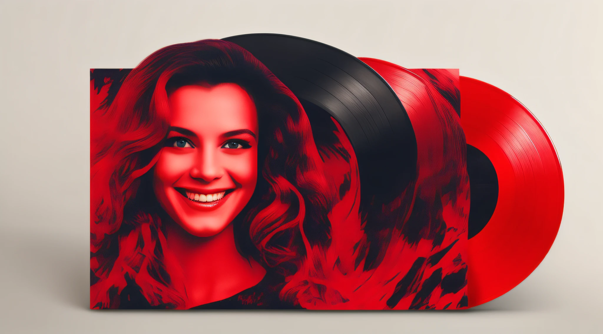A red vinyl record with face of a blonde child girl long hair, with red mist and a huge smile, FFFF, with red mist, alternative album cover, new album cover, promotional art, human face with bright red yes, unknown, monochrome and red bleed color, soft vinyl, ello