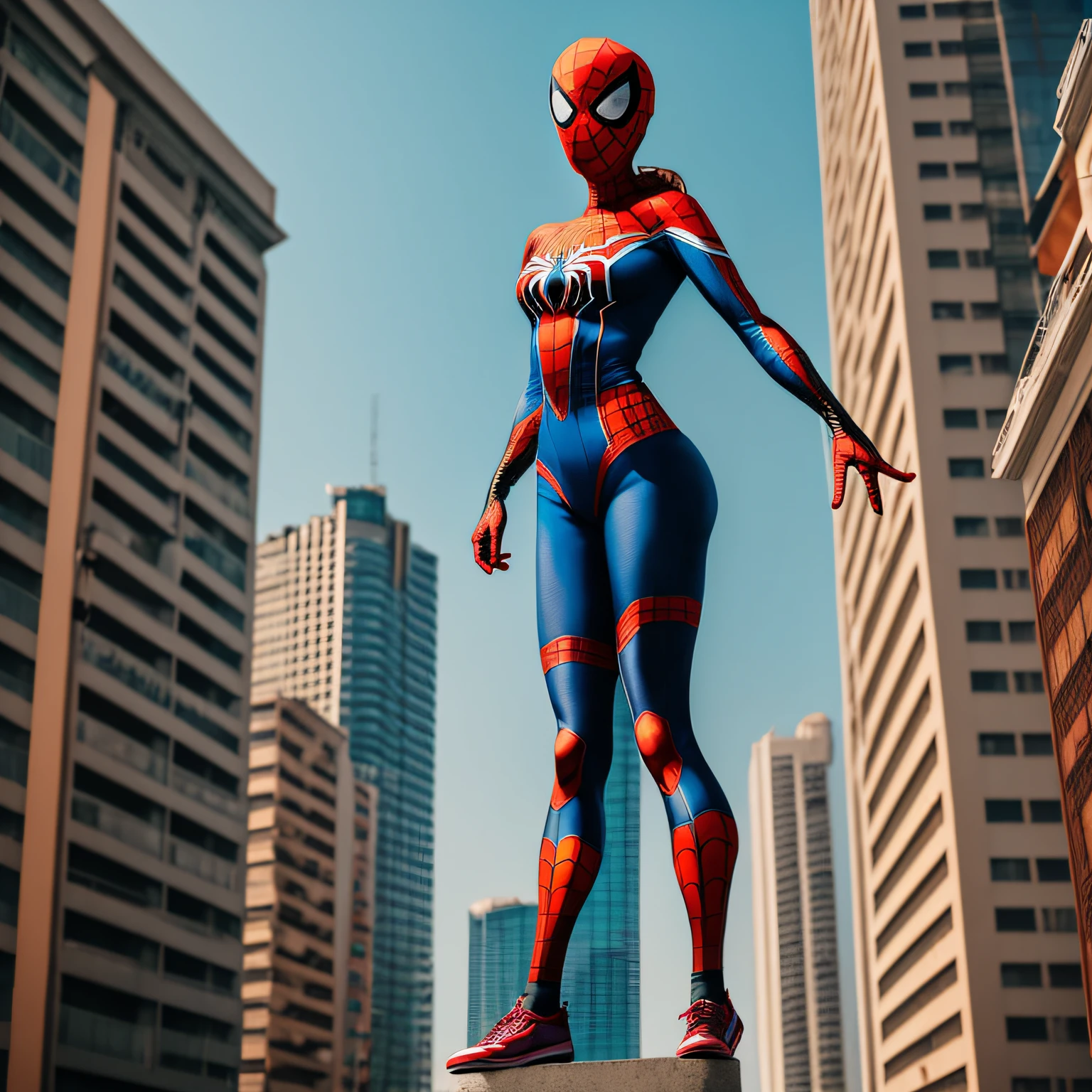 female pervert,Wearing a Spider-Man tights,Wear a mask,Stand on a tall building --auto