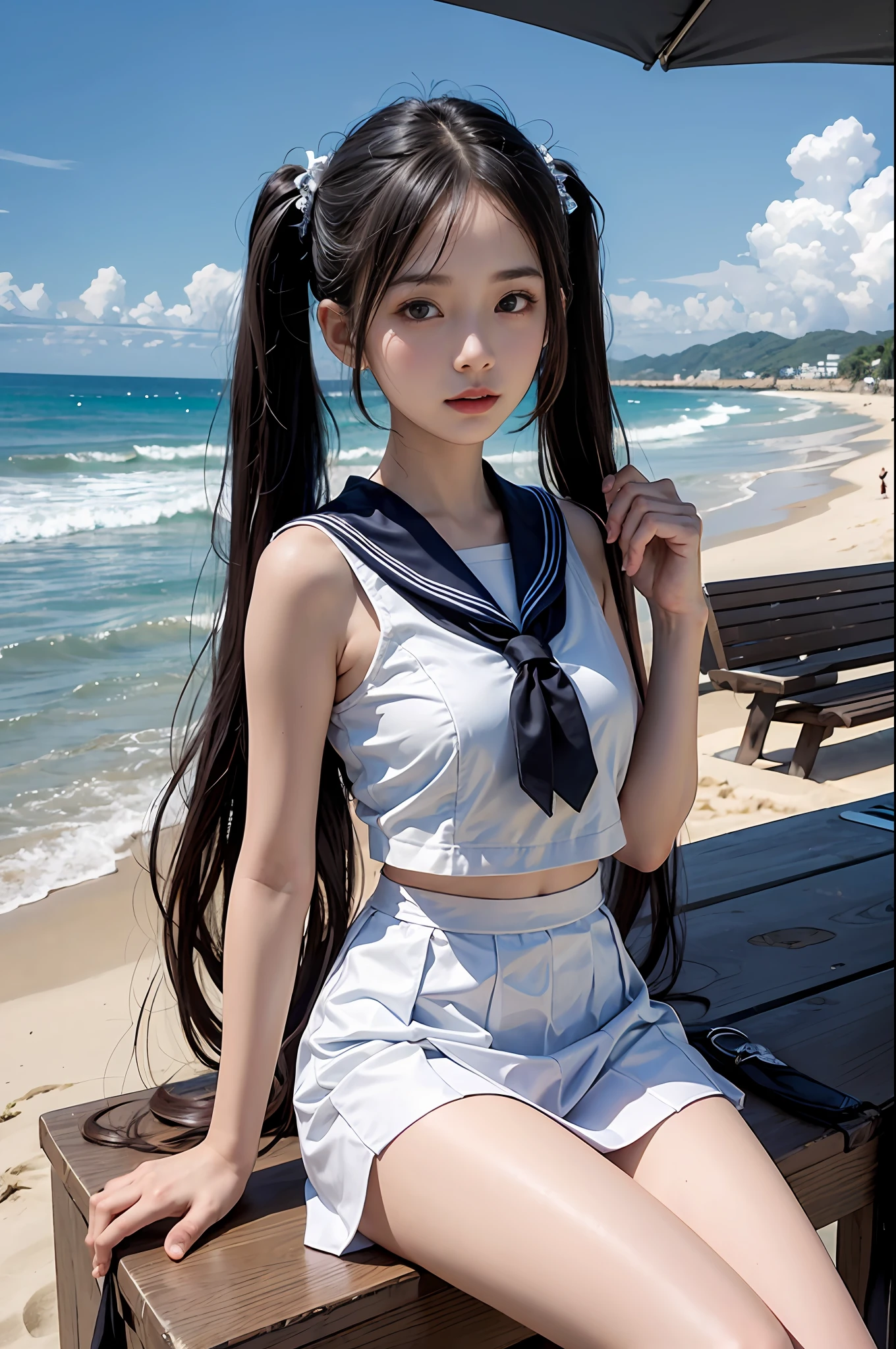 1girll,twintails,beach,White sailor suit and short skirt,16-year-old female model，