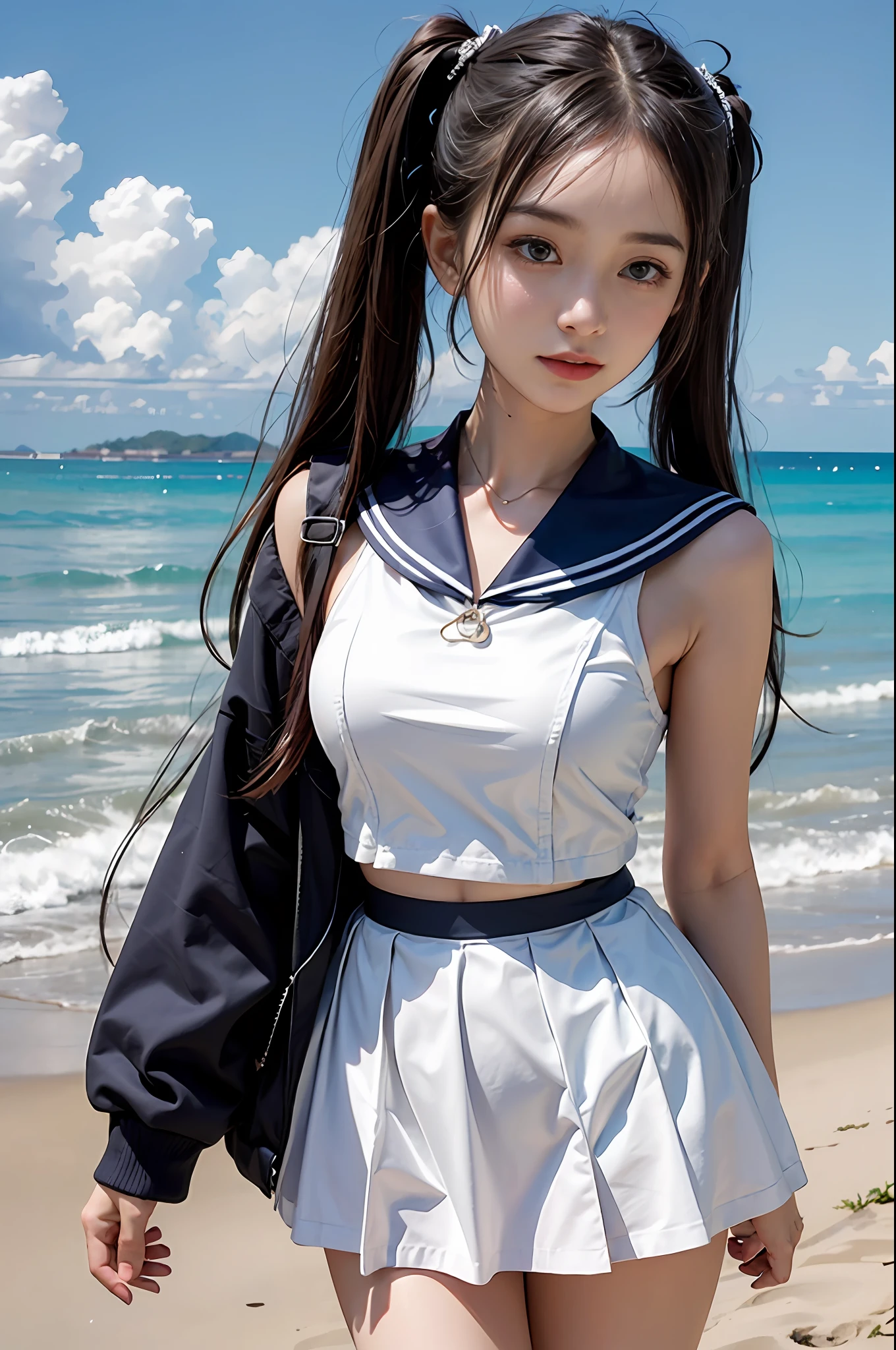 1girll,twintails,beach,White sailor suit and short skirt,16-year-old female model,
