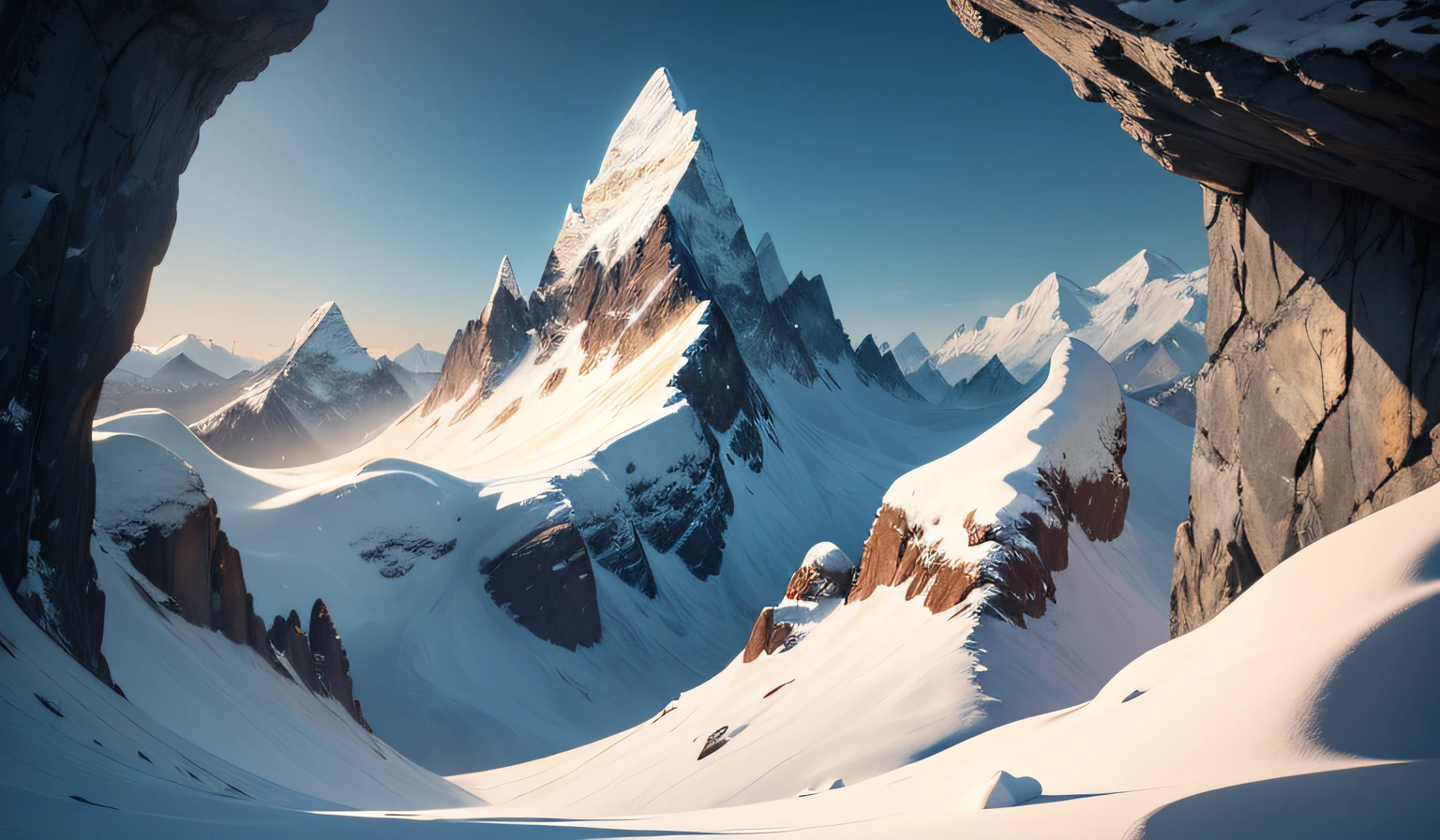 The sky occupies one-fifth of the screen. A mesmerizing hyperrealistic photograph captures the awe-inspiring grandeur of towering snow-capped mountains. The composition is carefully framed to emphasize the majestic scale of the landscape. The pristine white peaks reach towards the heavens, seemingly touching the clouds that drift lazily above. The details are incredibly lifelike, with every crevice and jagged edge of the mountains rendered with astonishing precision. ((masterpiece)),best quality,Towering snow-capped mountains,Look up,8K quality --auto