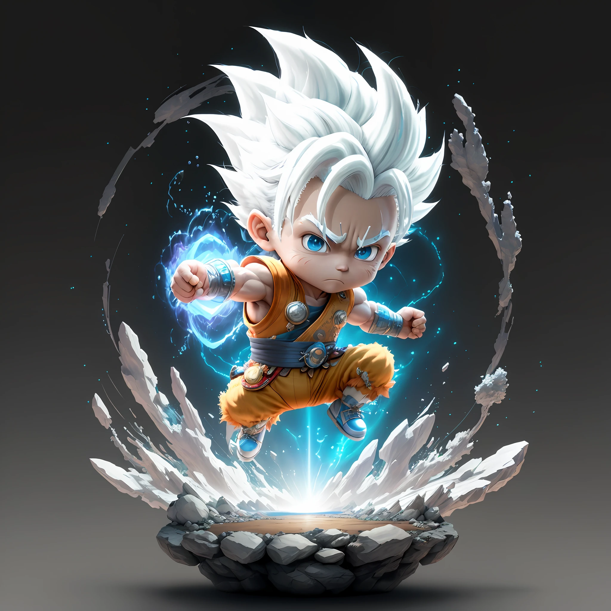 Wukong，SuperSaiyan，Exquisite Hair，Arm carving，White-blue hair all over the body，Delicate shoes，Eye portrayal，Exquisite Hair，Popmart blind box，Clay texture，Treading on the ground，Black and white background，natural  lightting，Best quality at best，hyper-detailing，arte 3D，c4d, OC renderer, a 3D render, 8k sky