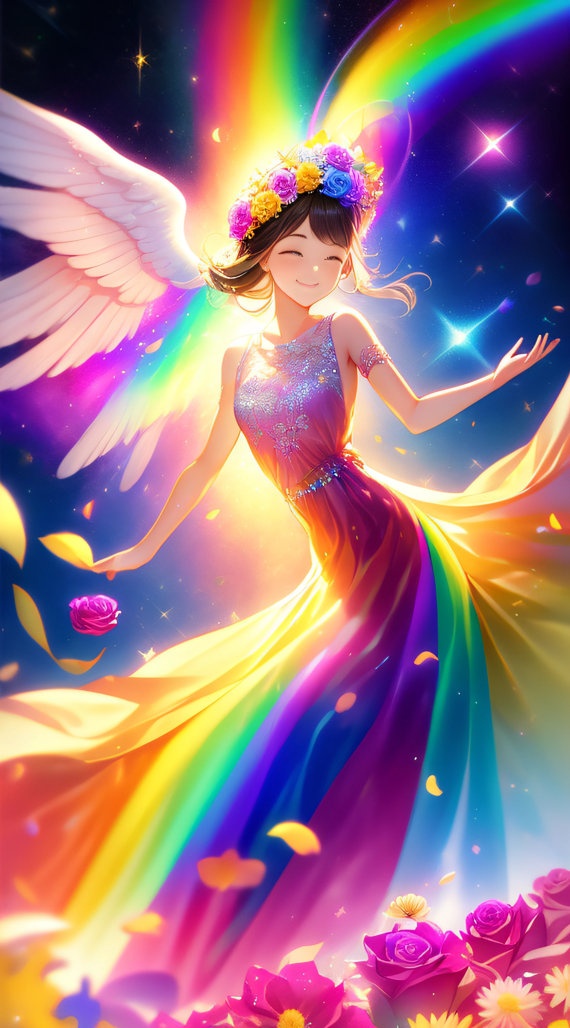 angelicales、Goddess smile、face perfect、detailed facial expression、Beautiful limbs、Long dresses、blissful、Floating in a rainbow-colored galaxy、A meditative、Thanks、Twinkle、optic、Surrounded by light、Blissful Light、Rose flower、doa