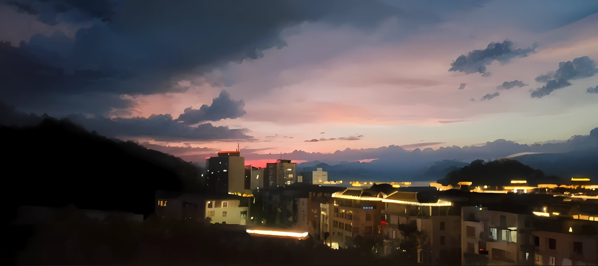 Alafid view of the city in the night cloudy sky, In the evening, sunset evening lighting, Sunset view, sunset ligthing, sunsettime, dusk sunset in background, Sunset in background, beautiful dusk, Colorful sunset!!, As night fell, nice sunset, beautiful and spectacular dusk, Twilight ; digital oil painting, post-proces, real sunset, sunset panorama