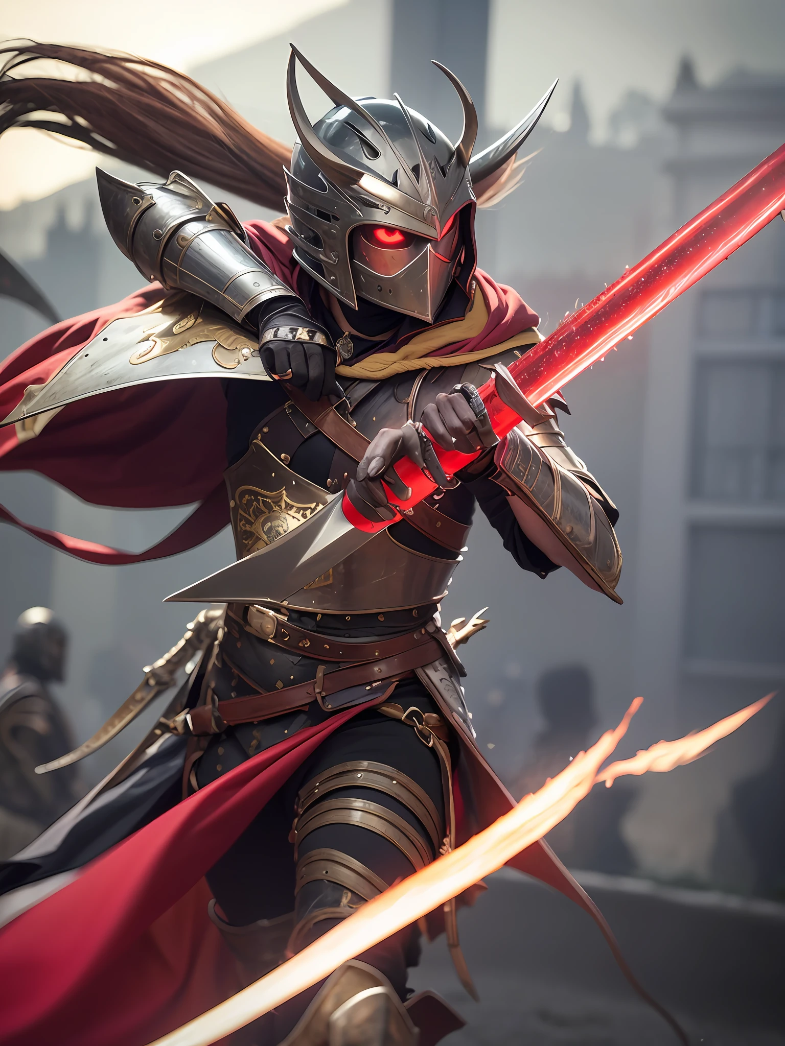 Worn armor，Red magic sword in hand，combat state，