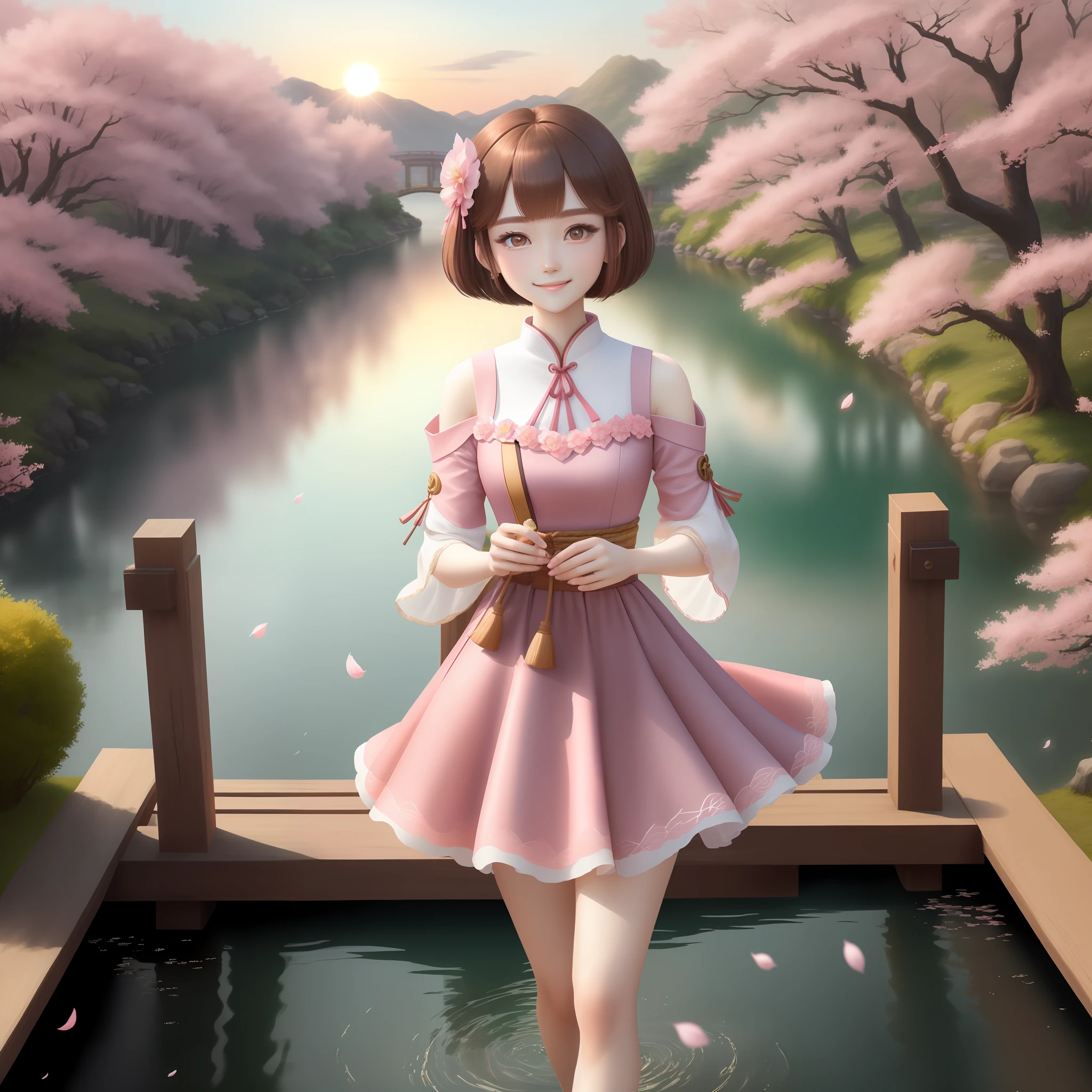 (extremely delicate and beautiful, best quality)The female character Walnut in the Genshin game,(short hair, brown hair, pink dress, lovely smile, big bright eyes), Gentle and natural,The sunset is golden,Cherry blossoms flying,small bridge flowing water,Quiet and elegant,Peaceful lake view,Enchanting atmosphere,It's very beautiful。