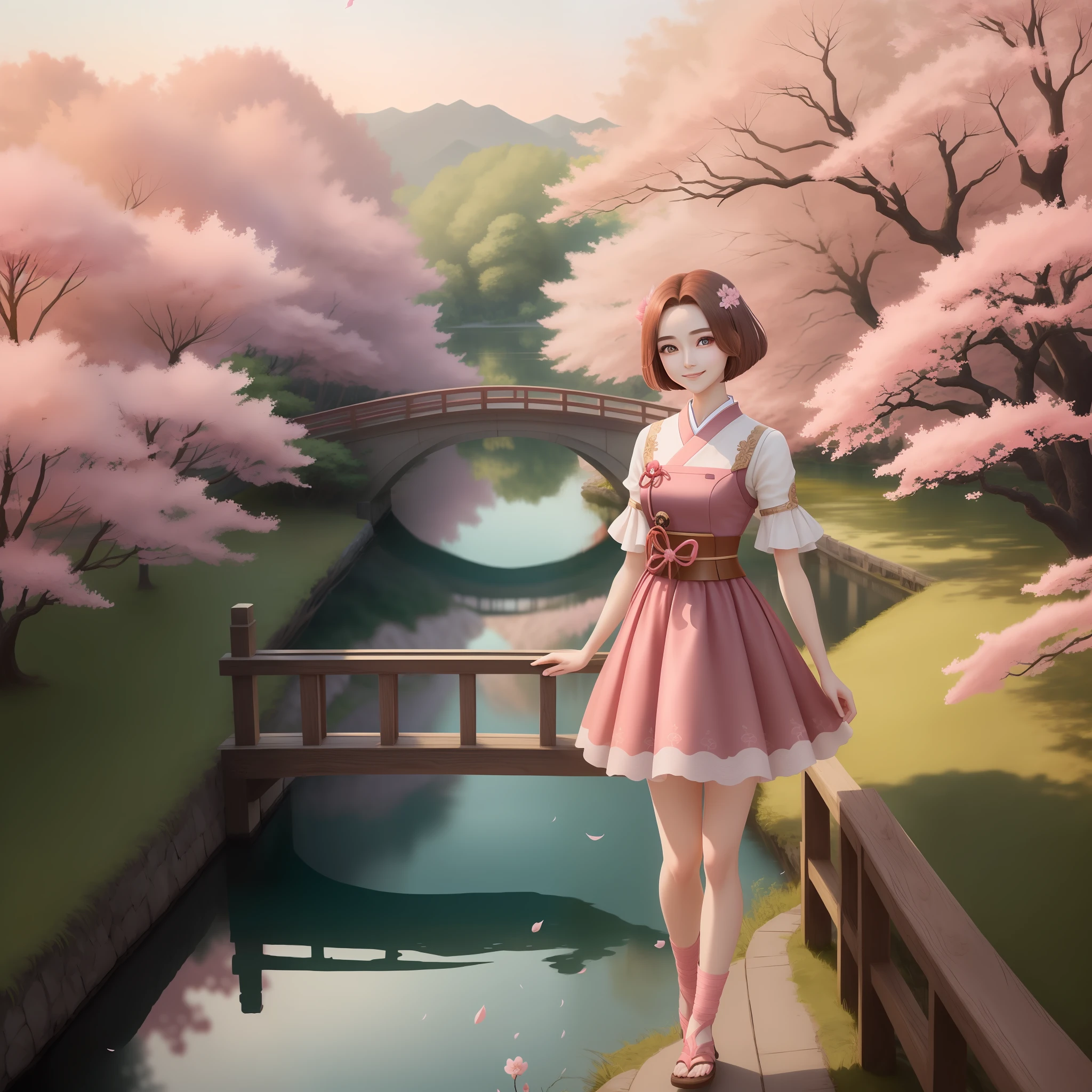 (extremely delicate and beautiful, best quality)The female character Walnut in the Genshin game，(short hair, brown hair, pink dress, lovely smile, big bright eyes), Gentle and natural,The sunset is golden,Cherry blossoms flying,small bridge flowing water,Quiet and elegant,Peaceful lake view,Enchanting atmosphere,It's very beautiful。