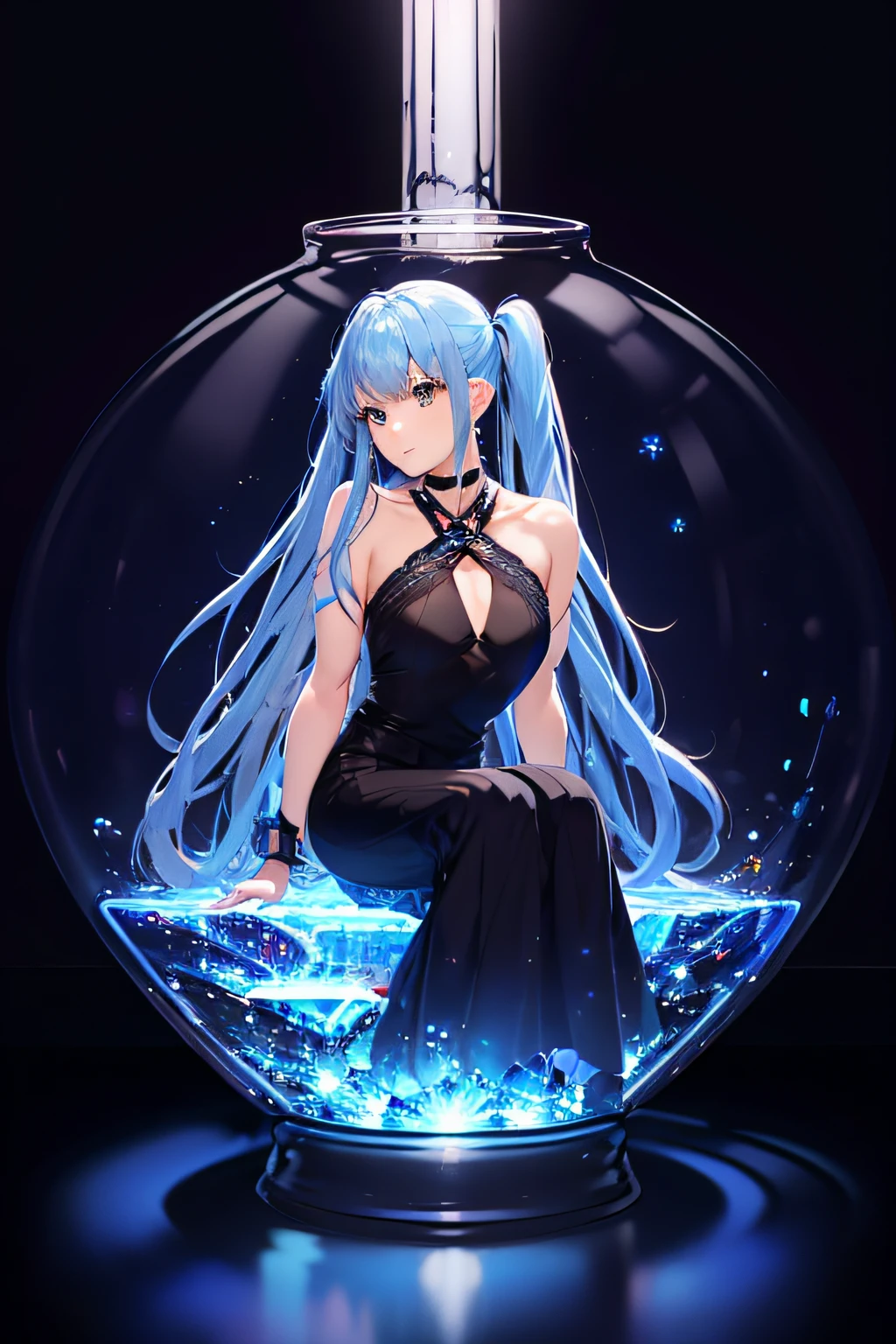 nffsw, cup, ((in container)), (masutepiece:1.6, Best Quality), (finely detailed beautiful eye: 1.2), phyami, Yami Yugi, 1girl in,beautiful fairies,Solo, Sitting, blue hairs,  Long hair, Black eyes,Delicate and beautiful eyes､ Bare shoulders, Hair intake, 鎖骨, Choker,halterneck,Collar, hair between eye, criss-cross halter, Black Delicate Lace Dress, Bangs, Very long hair, lightsmile, blue lights