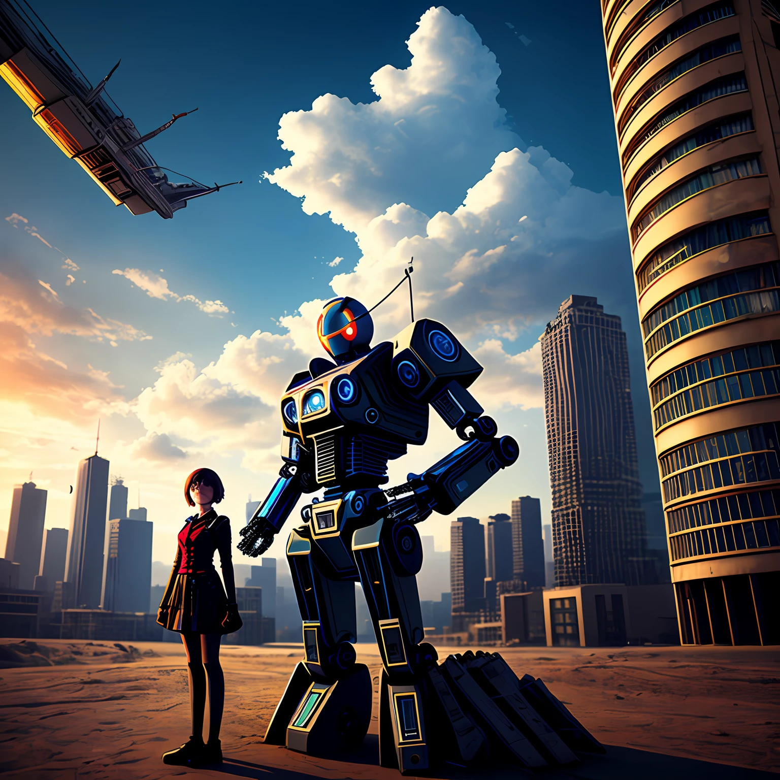 sky, cloud, holding_dildo, no_humans, glowing, , girl_robot, building, glowing_eyes, steampunk, science_fiction, city, realistic, mecha