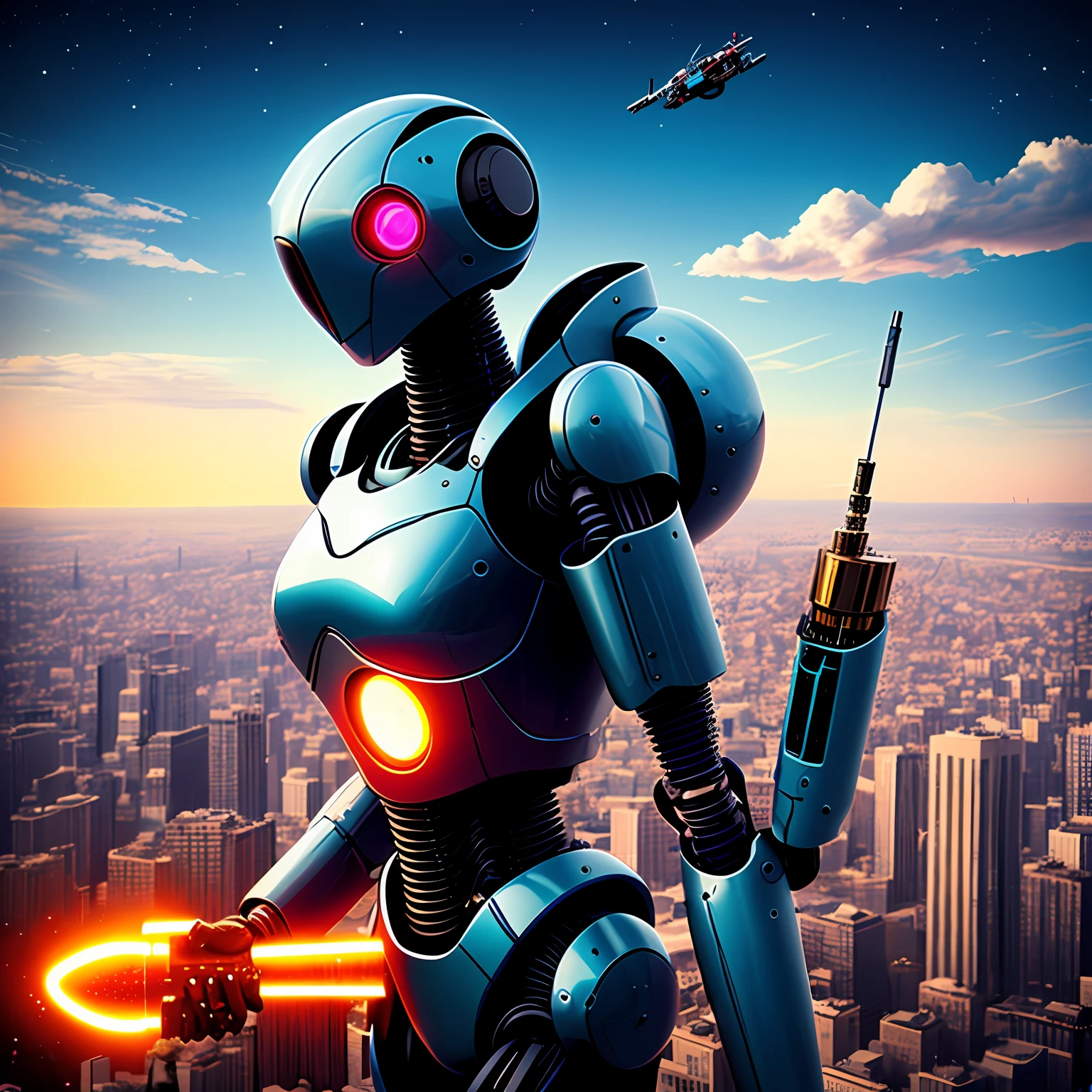 sky, cloud, holding_dildo, no_humans, glowing, , girl_robot, building, glowing_eyes, steampunk, science_fiction, city, realistic, mecha