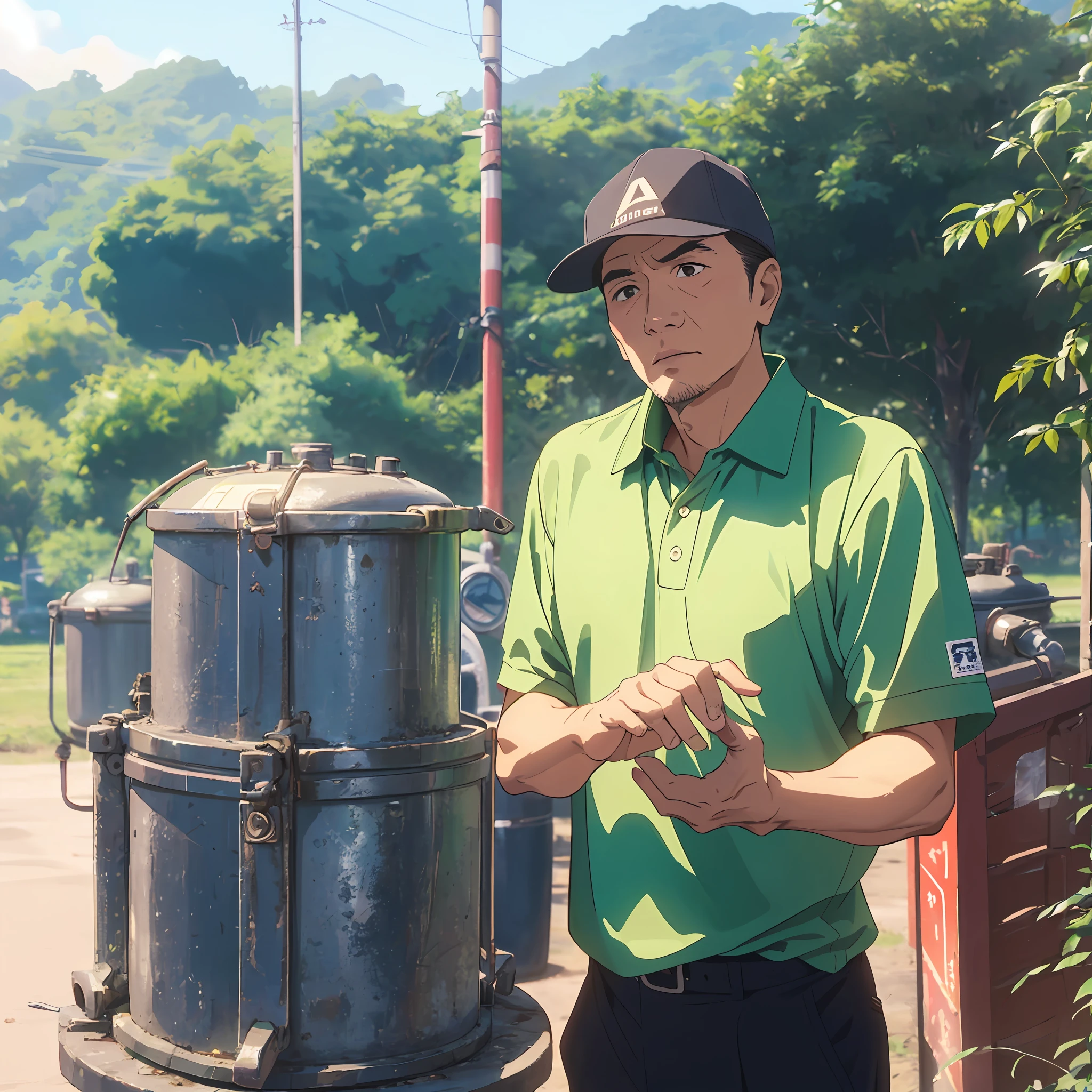 handsome farmer uncle, beautiful scenery, clear picture quality, blue sky, ((wearing green polo)), ((wearing black cap)), ((questioning face)), ((hand holding chin)), (hand on hip), ((vietnamese face)), ((Confused)), suspect, Question, wondering, 2 handles 2 fuel tanks