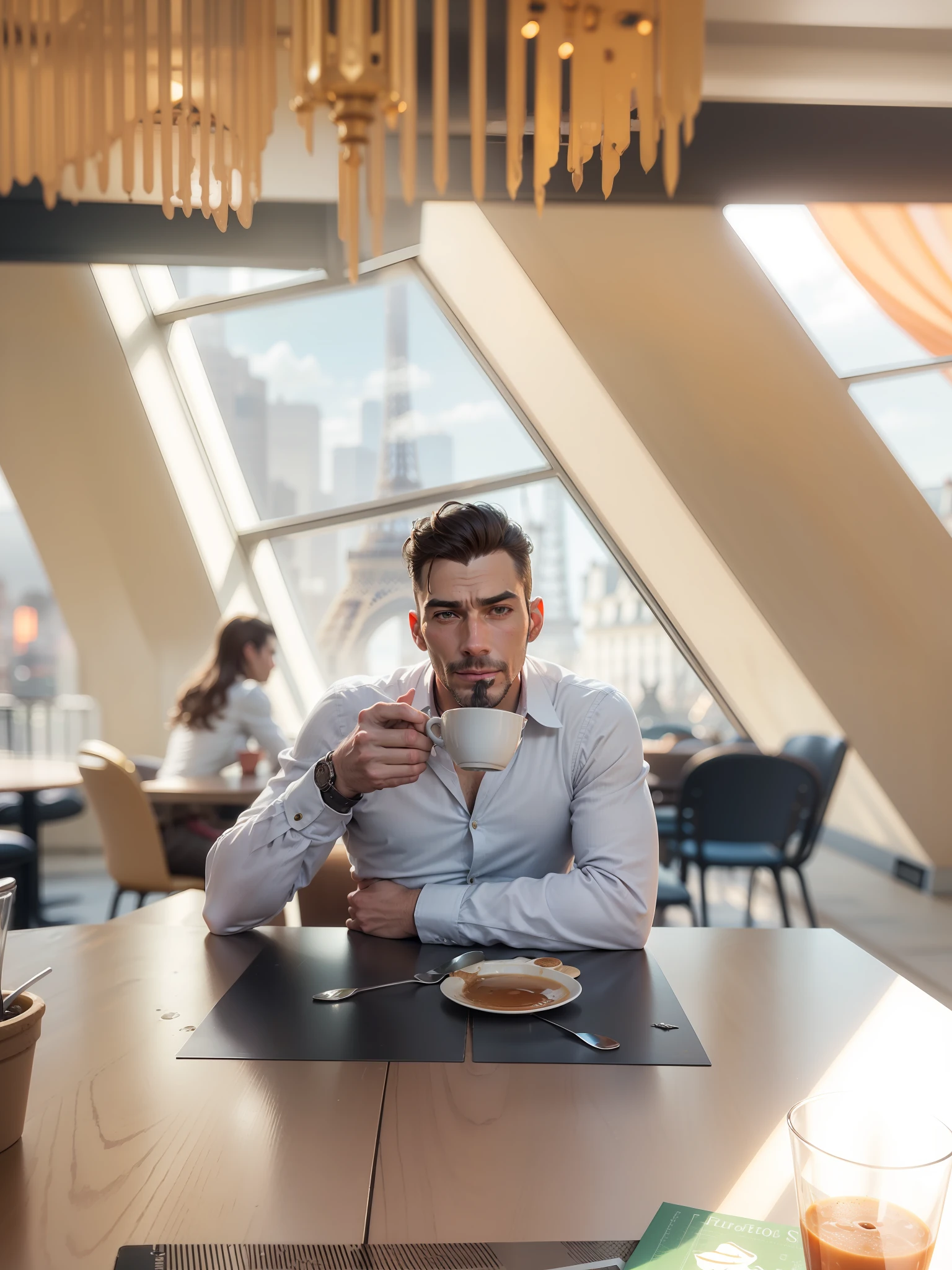 steampunk, a man drinks coffee on the background of the Eiffel Tower, perfect faces