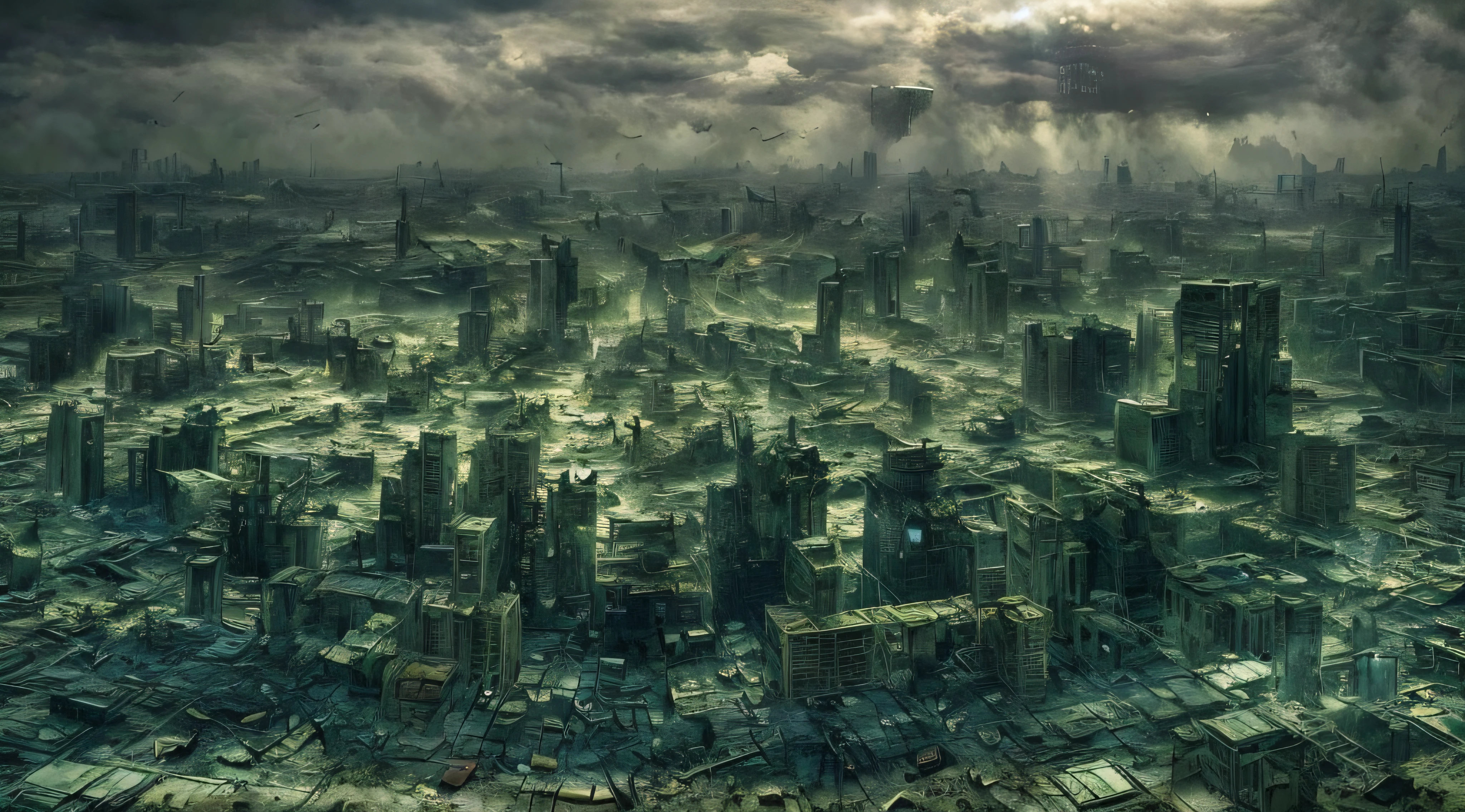 arafed view of a city with a lot of tall buildings, An abandoned dystopian city, destroyed city in background, in postapocalypse city, post - apocalyptic city, in a post apocalyptic city, post apocalyptic district, em uma paisagem urbana arruinada, The City of Revelation, post apocalyptic city, Post-apocalyptic view, dystopian scifi apocalypse, landscape of apocalypse city, dystopian settings