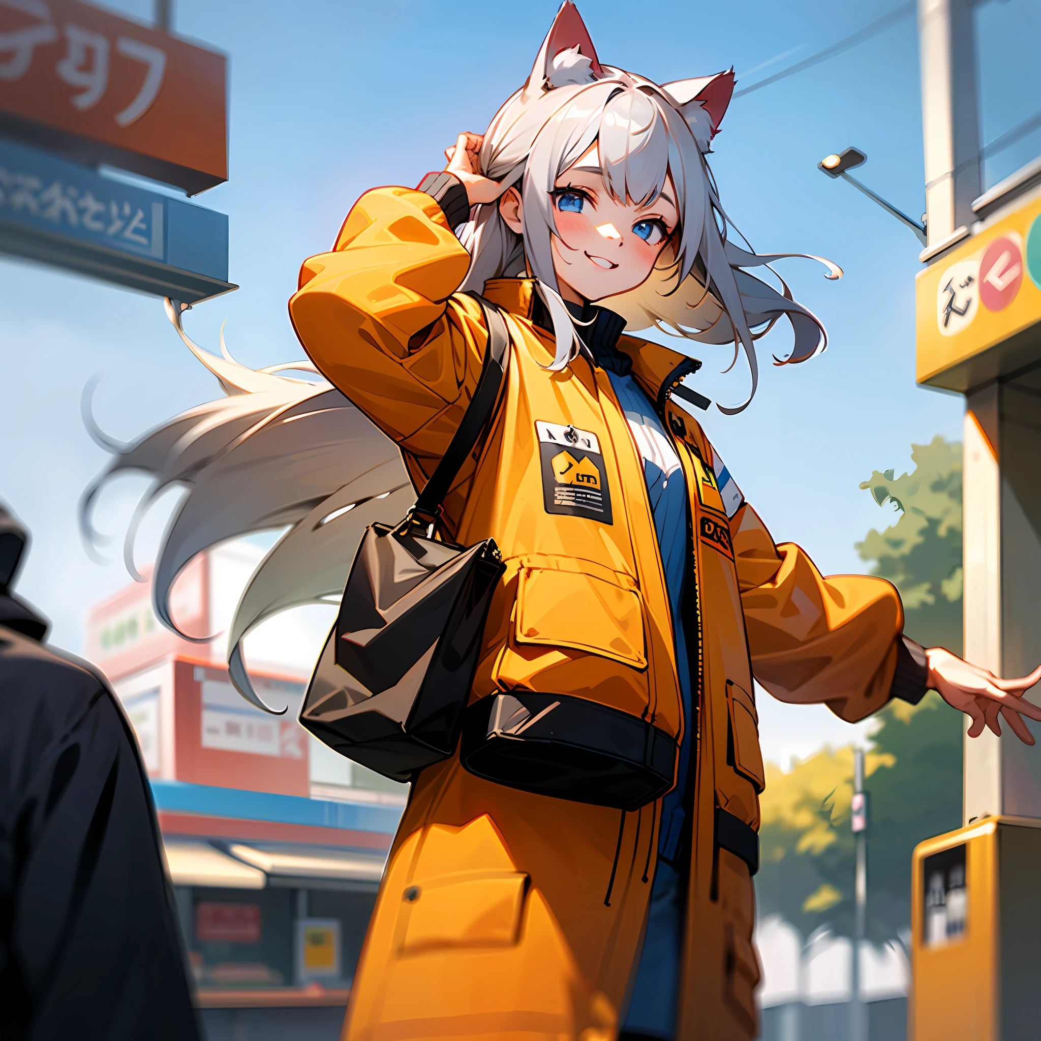 autumn afternoon,Cool breeze,In front of the convenience store,Wear an orange jacket,Gray hair and blue eyes,cat ear,2D wind,Girl around 20 years old,Left hand holding convenience store food packaging bag,Comb your hair over your hair with your right hand,Smile at the camera 8k