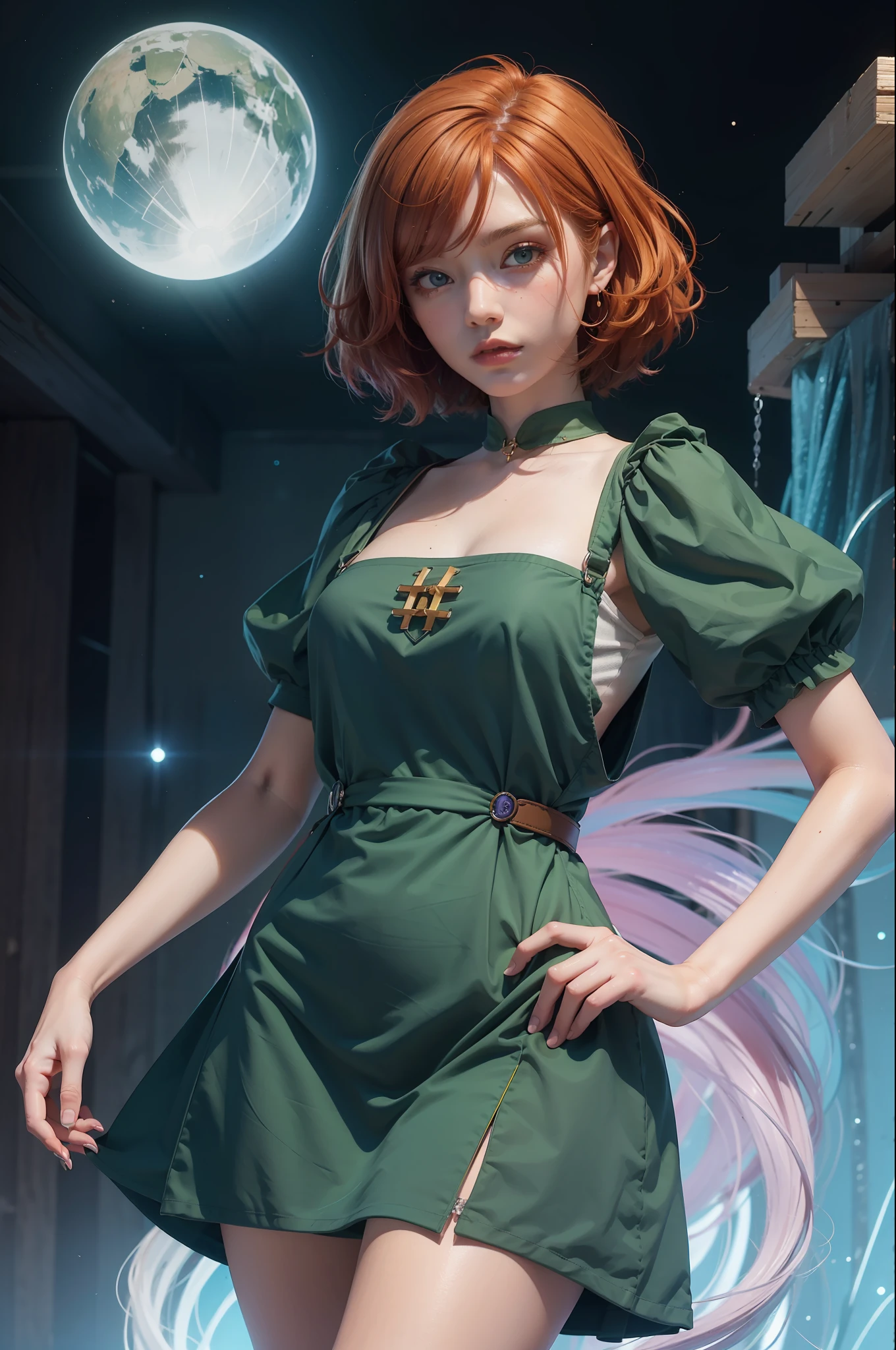concept art, overhead angle of a Will-o'-the-wisp, wearing Funny Somali Emerald deep orange Pinafore, Caramel hair styled as Short hair, fluorescent purple Hair tie, equirectangular 360, Highres,  [(art by Willi Baumeister:1.1), (art by John T. Biggers:1.2)::17], official art, unity 8k wallpaper, ultra detailed, aesthetic, masterpiece, best quality, photorealistic