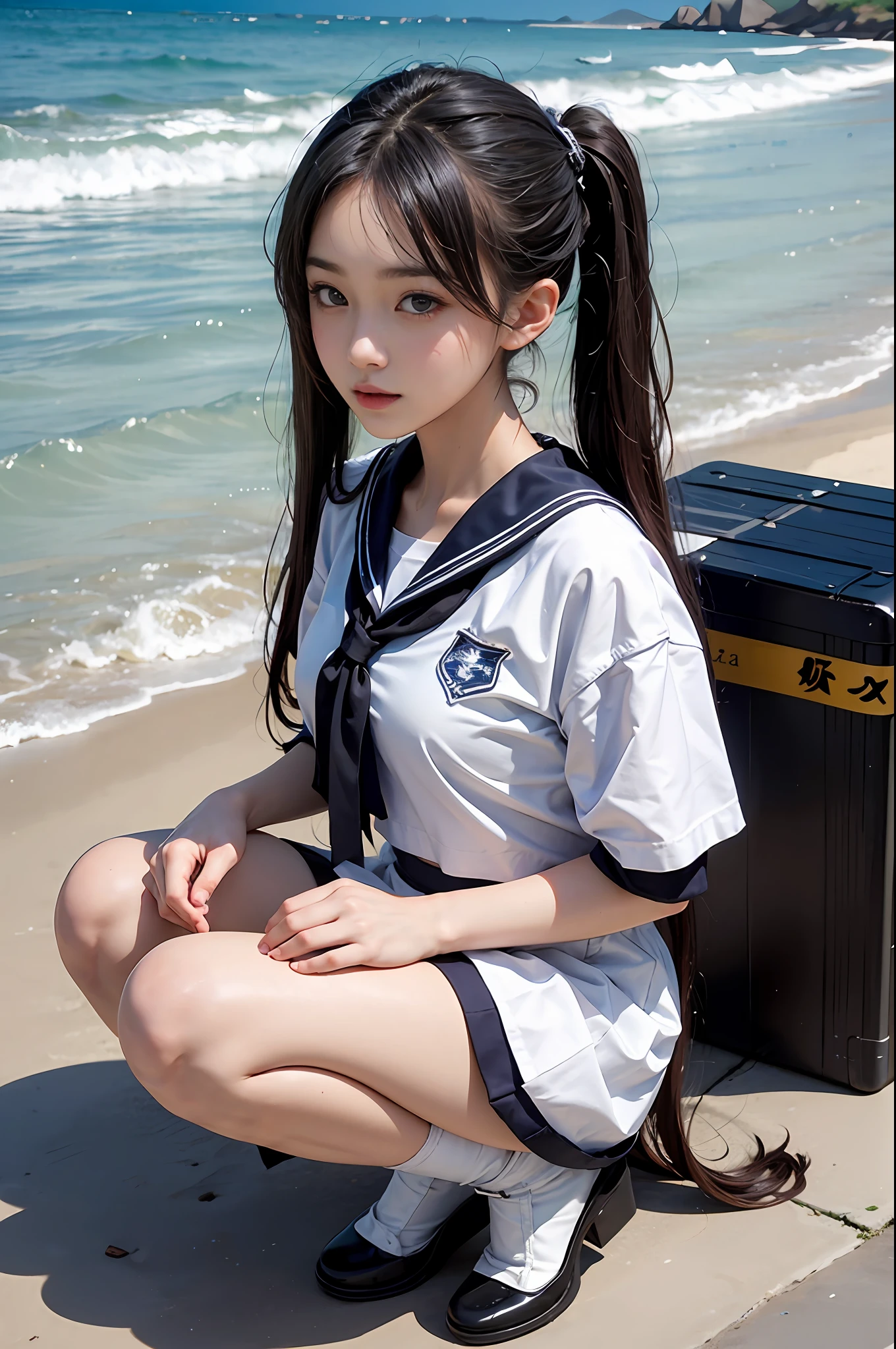 1girll,twintails,beach,White sailor suit and short skirt,-yeld fee model，