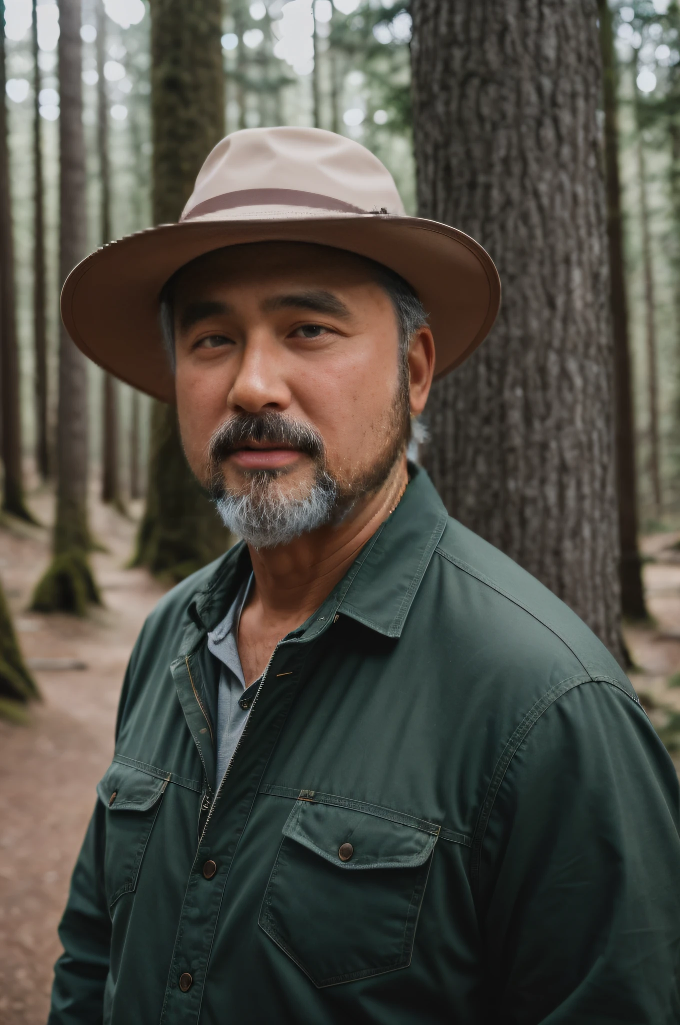 RAW photo, a portrait photo of 55 y.oh oh oh,mtu, traveling clothes, Standing in the forest, Natural skin, 8K UHD, High quality, filmgrain, Fujifilm XT3