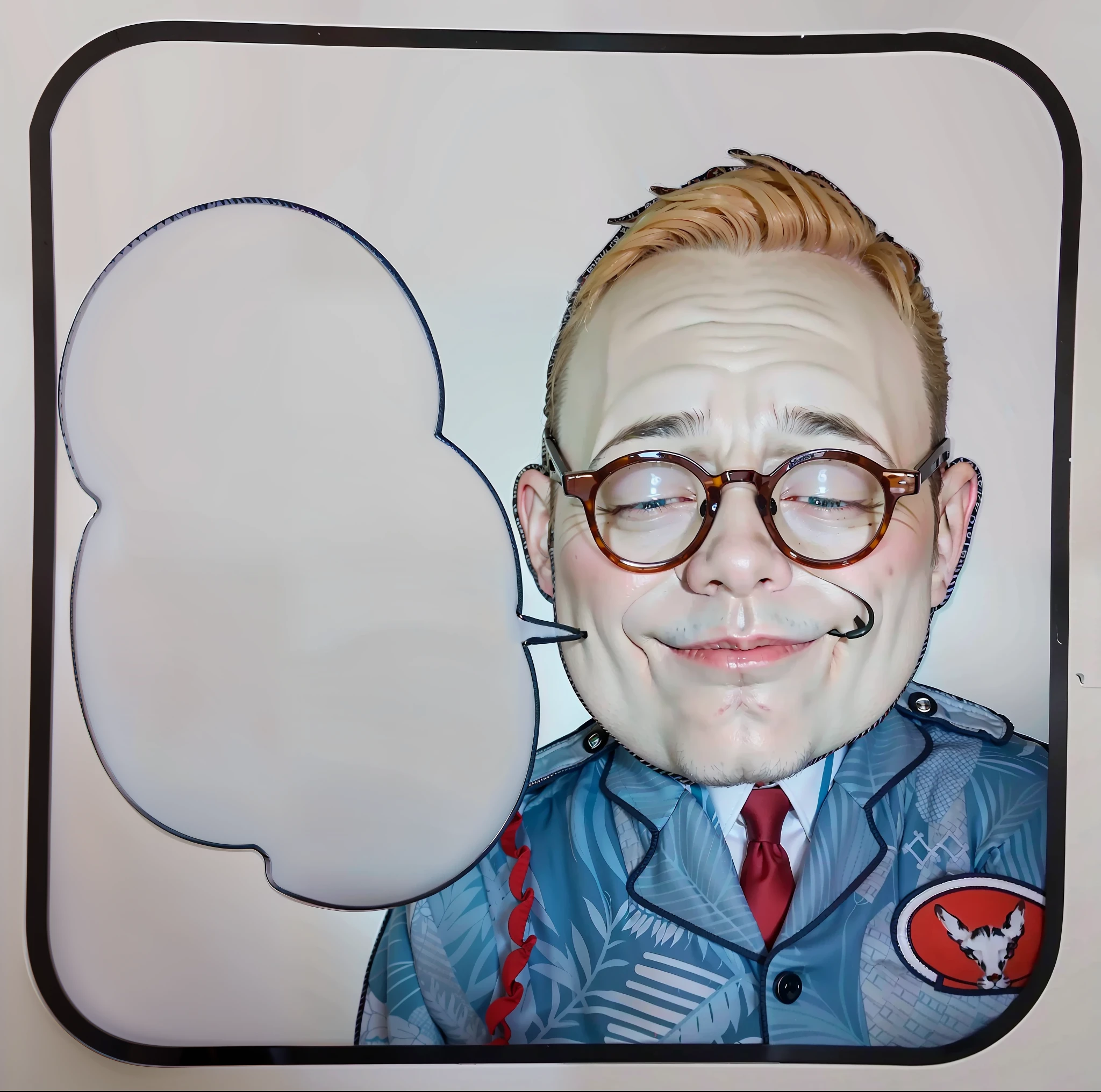 de pele branca、Brown hair、wide forehead、Corrugated mouth、Black tabby glasses、Black eyes、Dark blue uniform、Red V-shaped patch on left chest、red necktie、Depiction of realistic people、Japan man's face