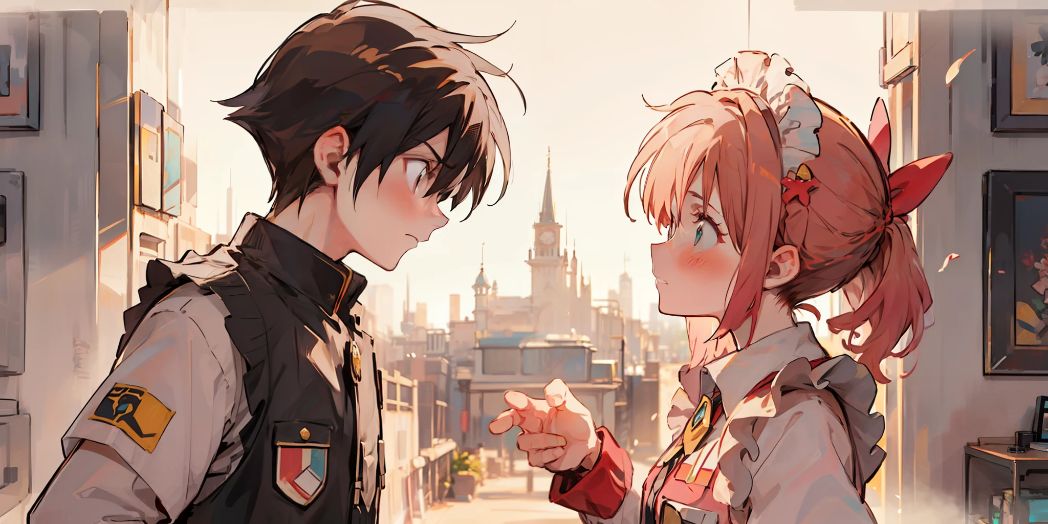 intense eye contact, romantic, intimate atmosphere,castle,girl in maid outfit and yellow ponytail and turquoise eyes,boy with short black hair,shy,wear black vest (girl:1.2+boy:1.1) look at each other, intense emotions)