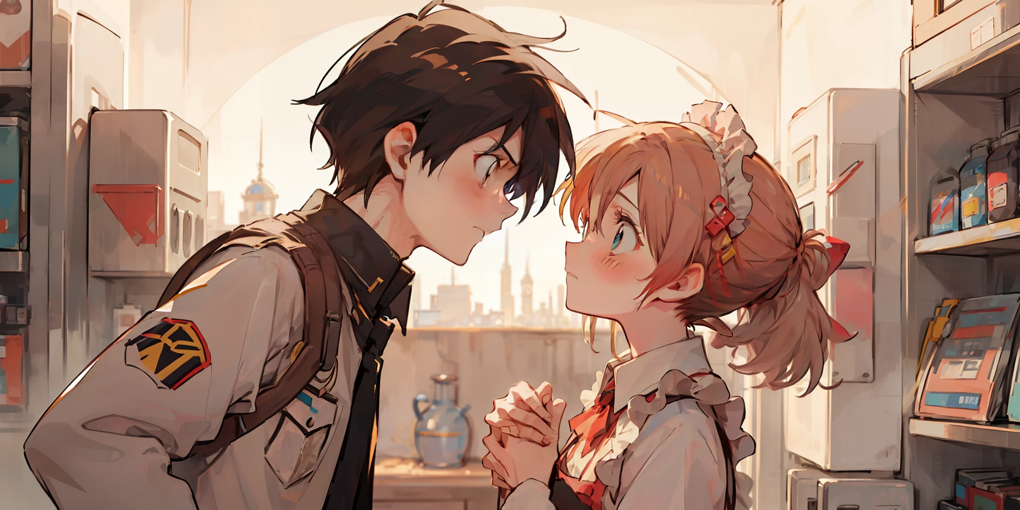 intense eye contact, romantic, intimate atmosphere,castle,girl in maid outfit and yellow ponytail and turquoise eyes,boy with short black hair,shy,wear black vest (girl:1.2+boy:1.1) look at each other, intense emotions)