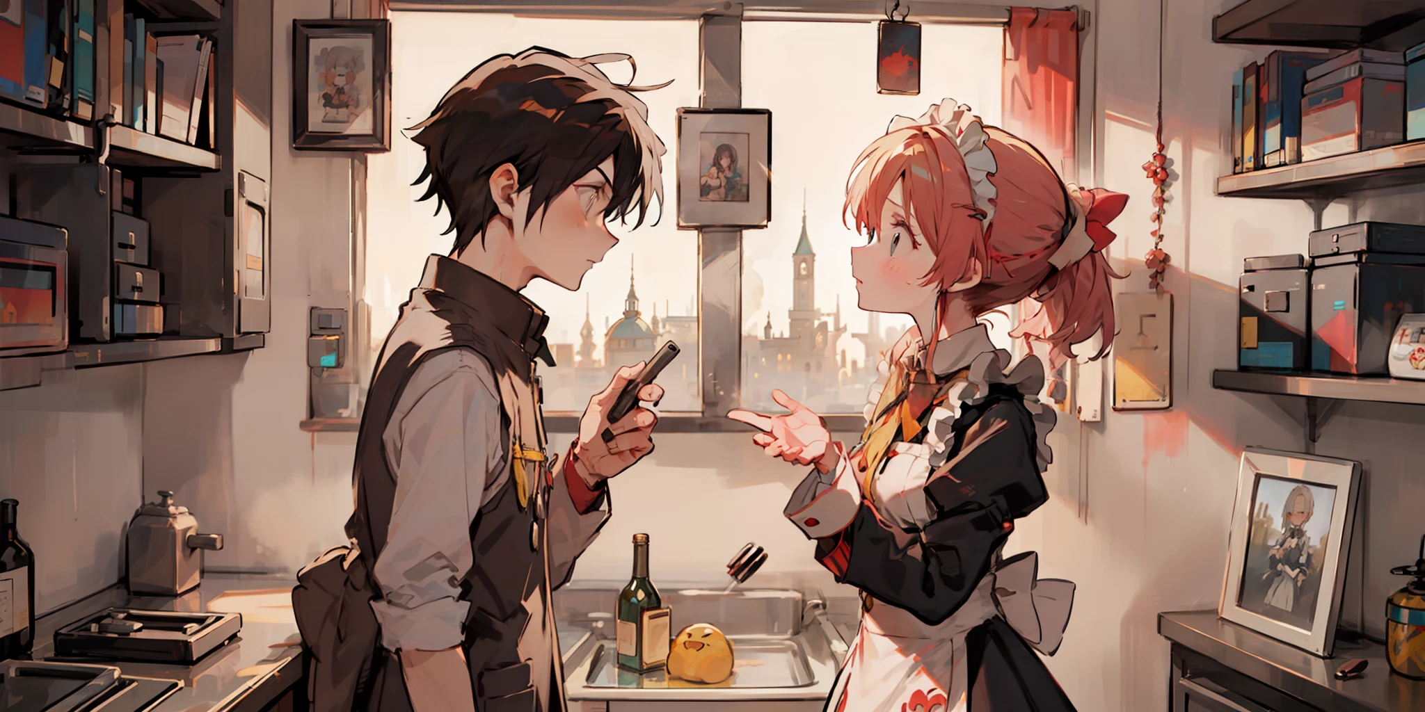 intense eye contact, romantic, intimate atmosphere,castle,girl in maid outfit and yellow ponytail and turquoise eyes,boy with short black hair,shy,wear black vest (girl:1.2+boy:1.1) look at each other, intense emotions)