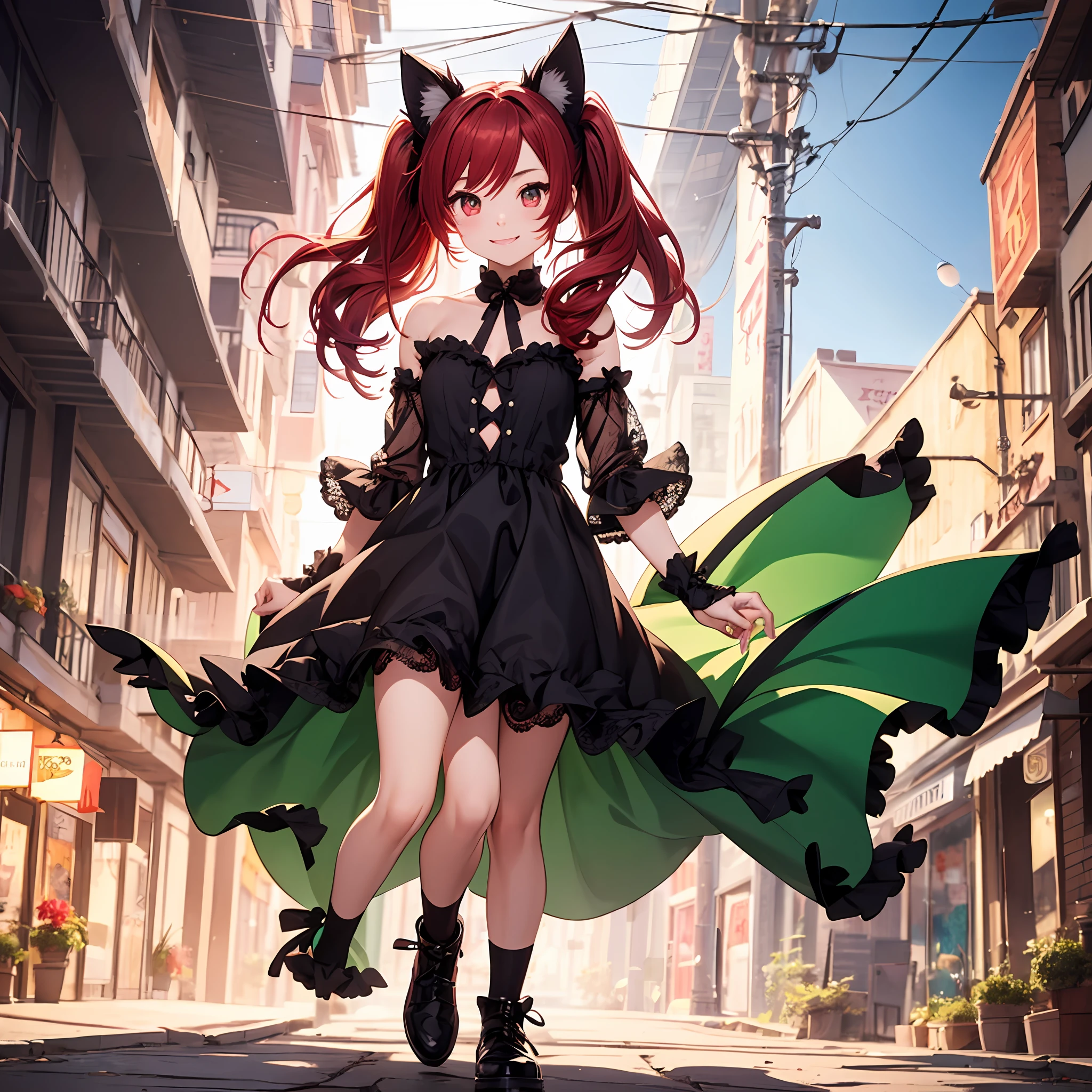 Anime filling,Two-dimensional illustration,Red-haired,Half Twin Tail,shorth hair,Big eyes,a smile,a beauty girl,cute little,Super Cute,Black cat ears,Red Eyes,Ruffled Clothes,Black lace clothes,Inner colorGreen,One girl,Full body painting,s girl --auto