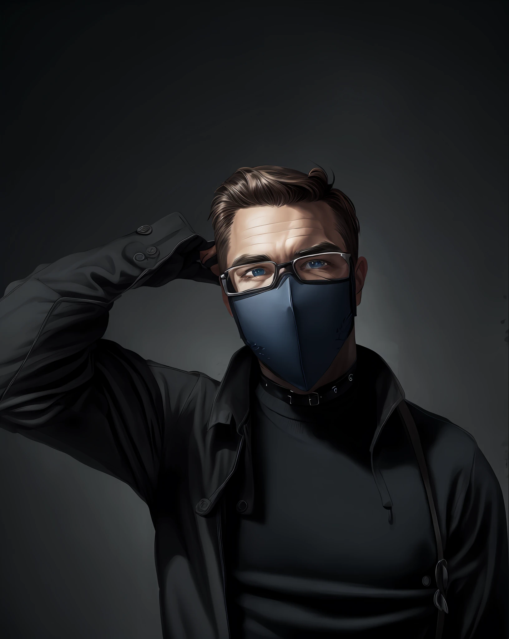 Young male, choker, gloves, glasses, cute,facemask , blue eyes, collar, pierced, covered face, hd, super detailed, 4k, artistic