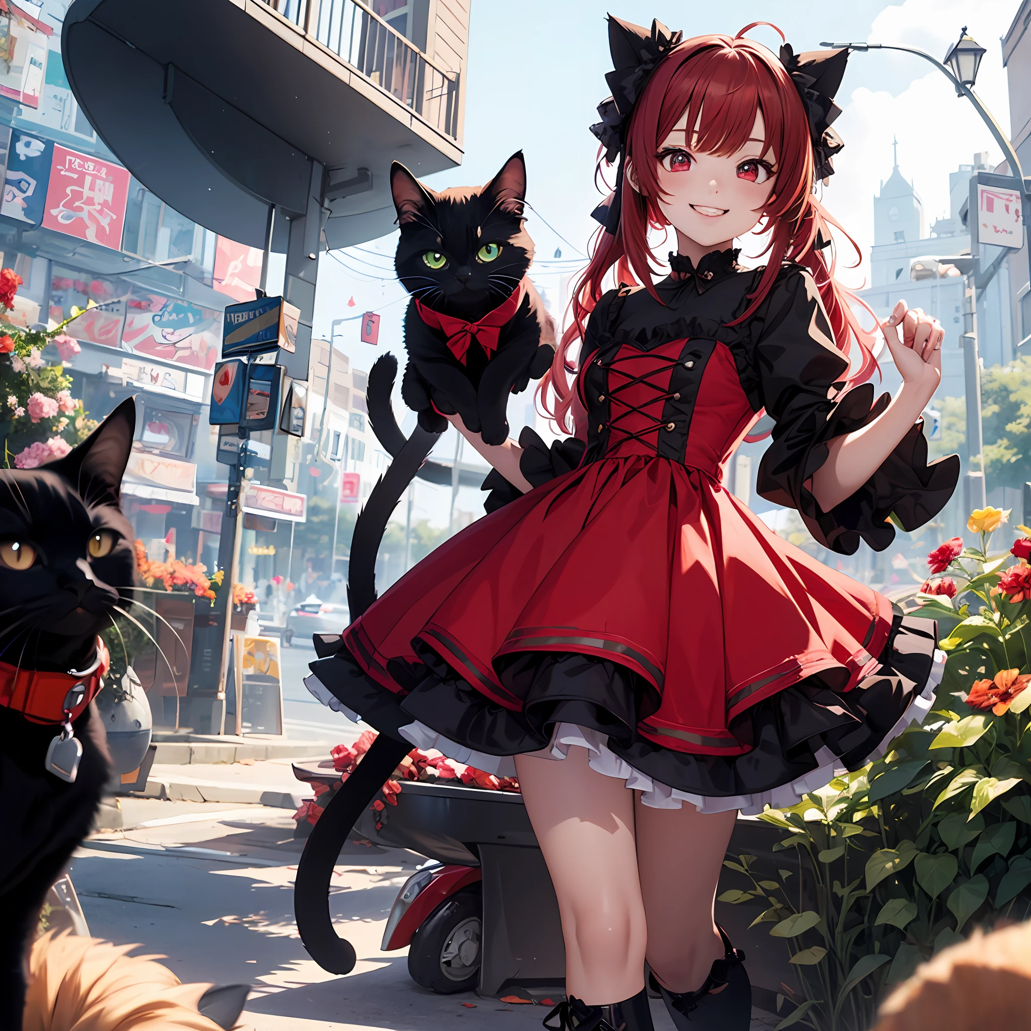 Anime filling,Two-dimensional illustration,Red-haired,Half Twin Tail,shorth hair,Big eyes,a smile,a beauty girl,cute little,Super Cute,Black cat ears,Red Eyes,Ruffled Clothes,Black lace clothes,Inner colorGreen,One girl,Full body painting,teens girl --auto