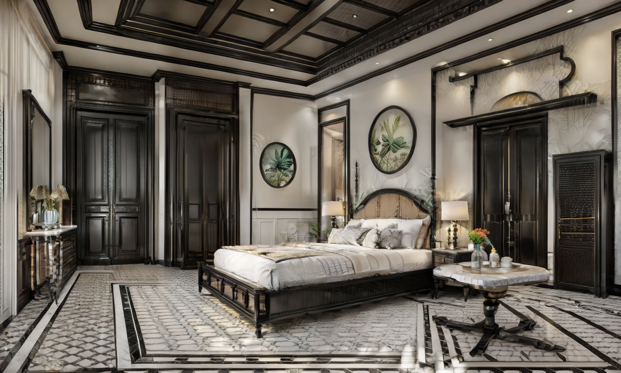 ((Best quality, 8k, Masterpiece :1.3)), Sharp focus :1.2, (Bedroom indochina BLACK Wood design: 1.3), (leaf door panel:1.1), (((black painted wooden furniture:1.1))), (photo realisstic: 1.2), (hyperdetails: 1.2), 1 chair, oriental classical pattern wall paneling, 1 classical altar, 2 ottomans, style cabinets Indochina, orange wall, indoor, indochina pano door, (Ceiling made of rattan and plasterboard), Stylized lotus pattern, stylized lotus-themed decorative painting, glossy marble floor,Round feather carpet, tiled floor with geometric pattern with border, bedside cabinet with curling iron pattern, Curved iron door, wooden frame door with panel made of wrought iron pattern combined with dó paper,1 table for study, daylight, Unreal Engineer 8K, full HD 8K