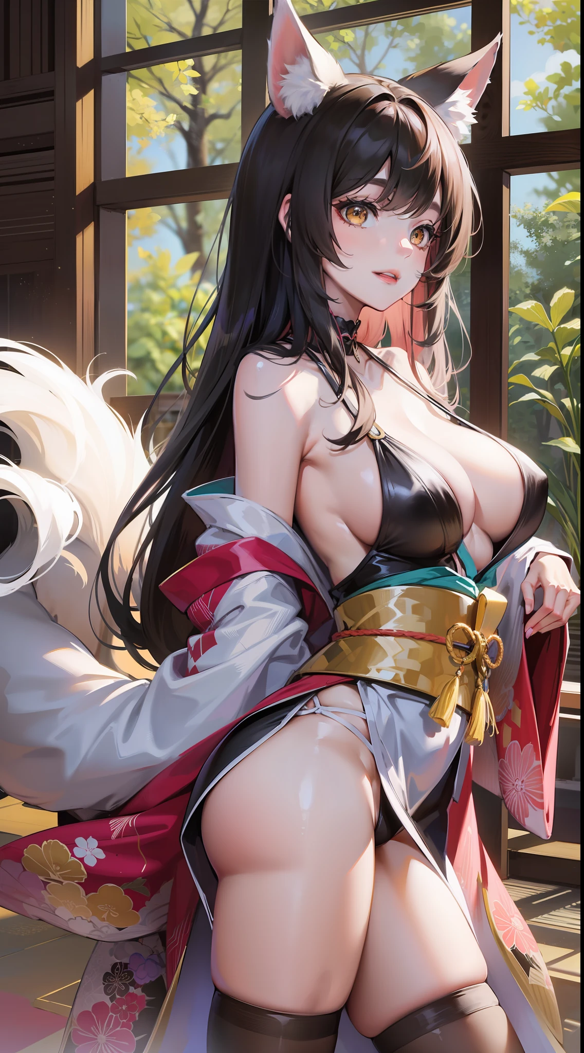 young girl, Long black hair with light pink ends, white fox ears, White fox tails, golden eyes, Thick kimono, open shoulders, open breasts, ssmile, Masterpiece, hiquality