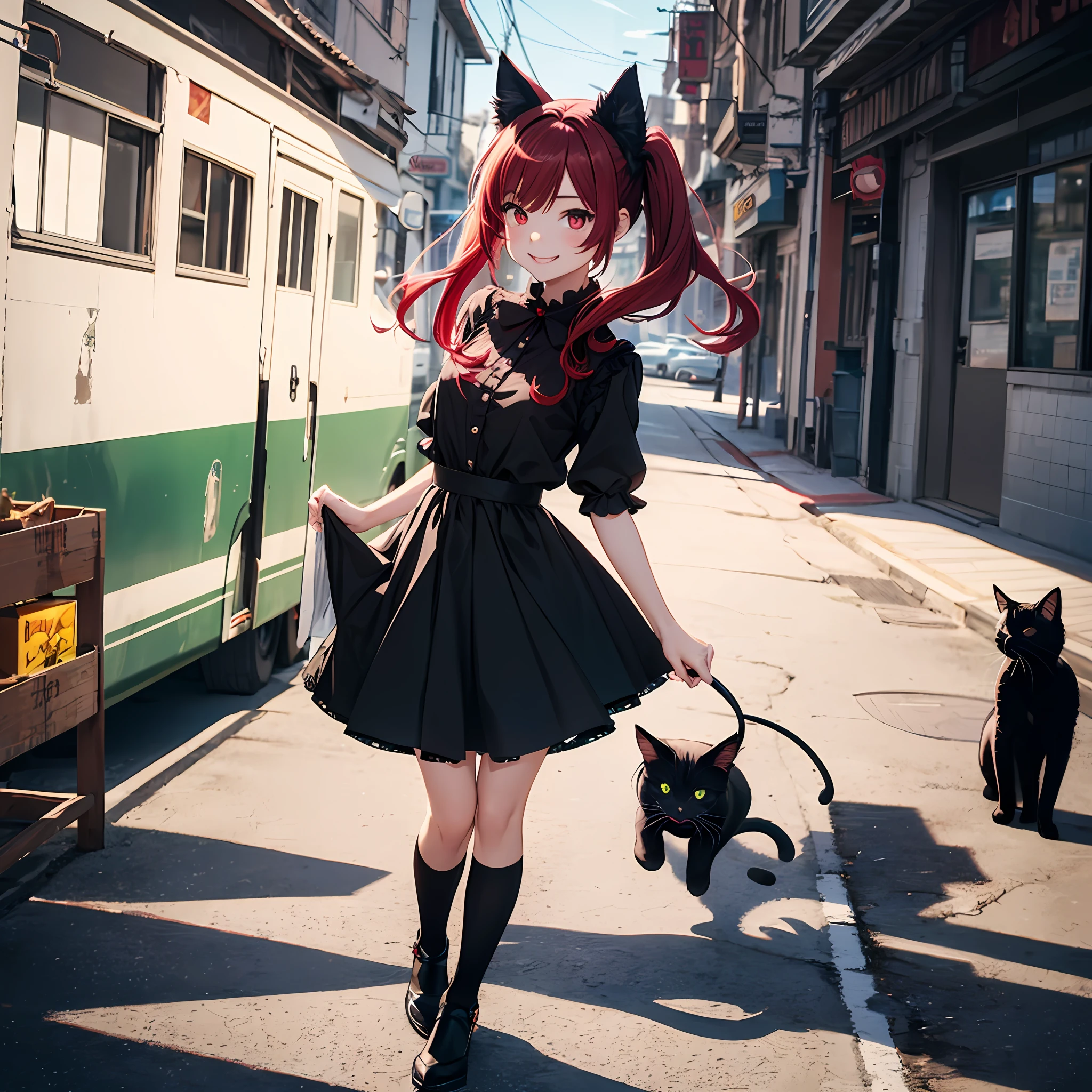 Anime filling,Two-dimensional illustration,Red-haired,Half Twin Tail,shorth hair,Big eyes,a smile,a beauty girl,cute little,Super Cute,Black cat ears,Red Eyes,Ruffled Clothes,Black lace clothes,Inner colorGreen,One girl,Full body painting,s girl --auto